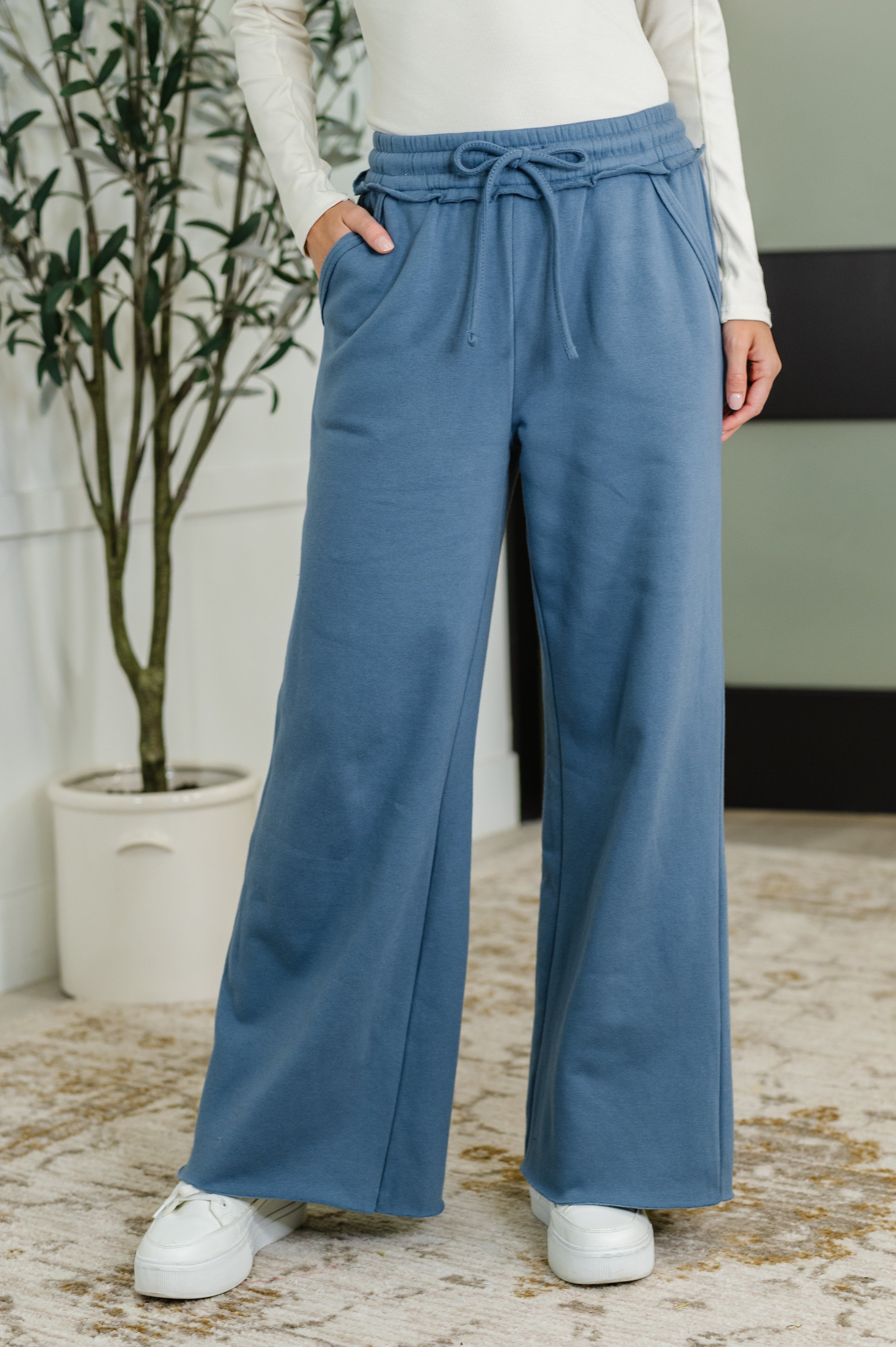 Zenana Lounge Line Wide Leg Sweats in Dusty Blue Womens