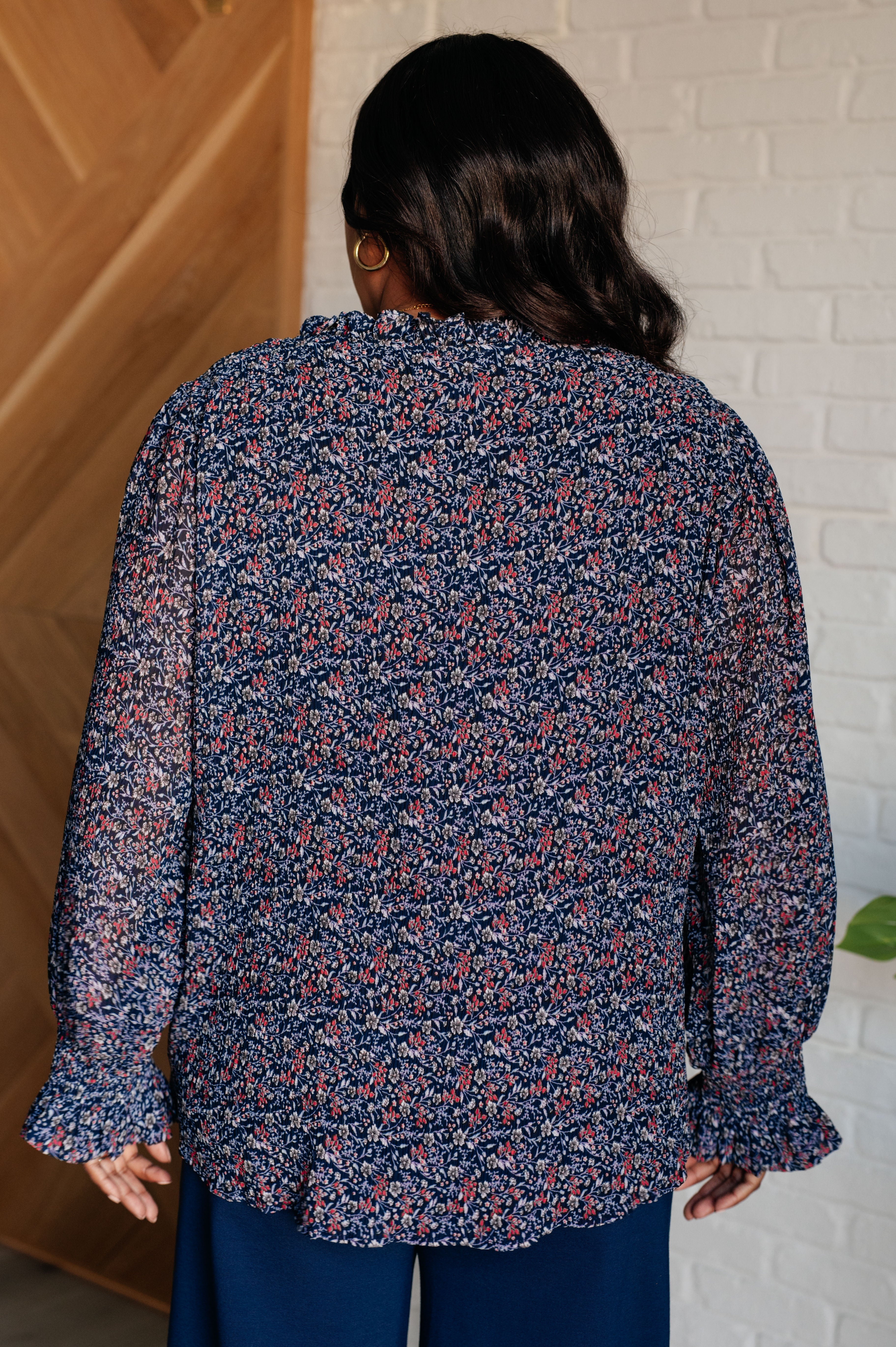 Jodifl Lucid Dream Ruffle Neckline Blouse in Navy Blouses