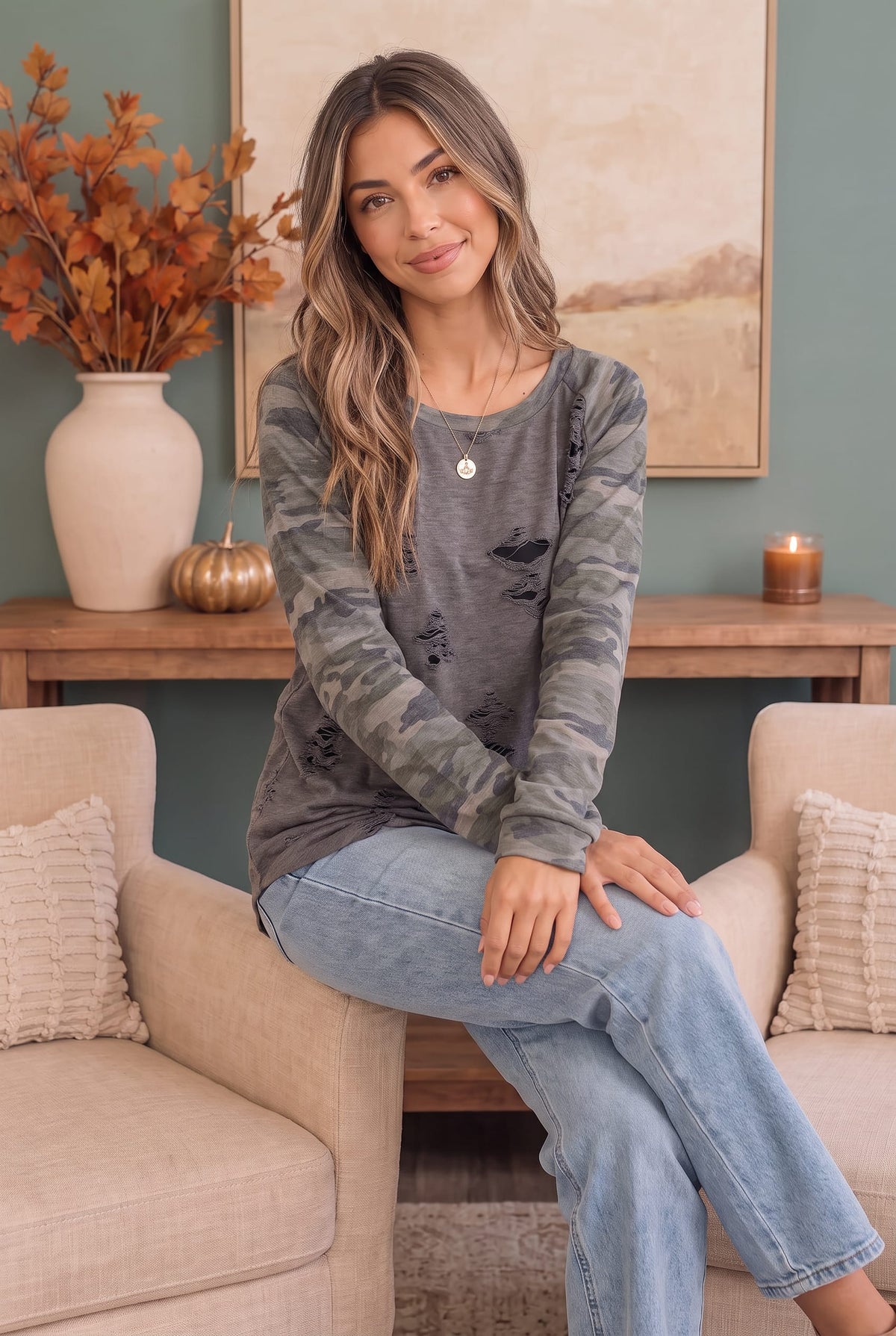Adora Camo One Tough Cookie Distressed Raglan Top Tops