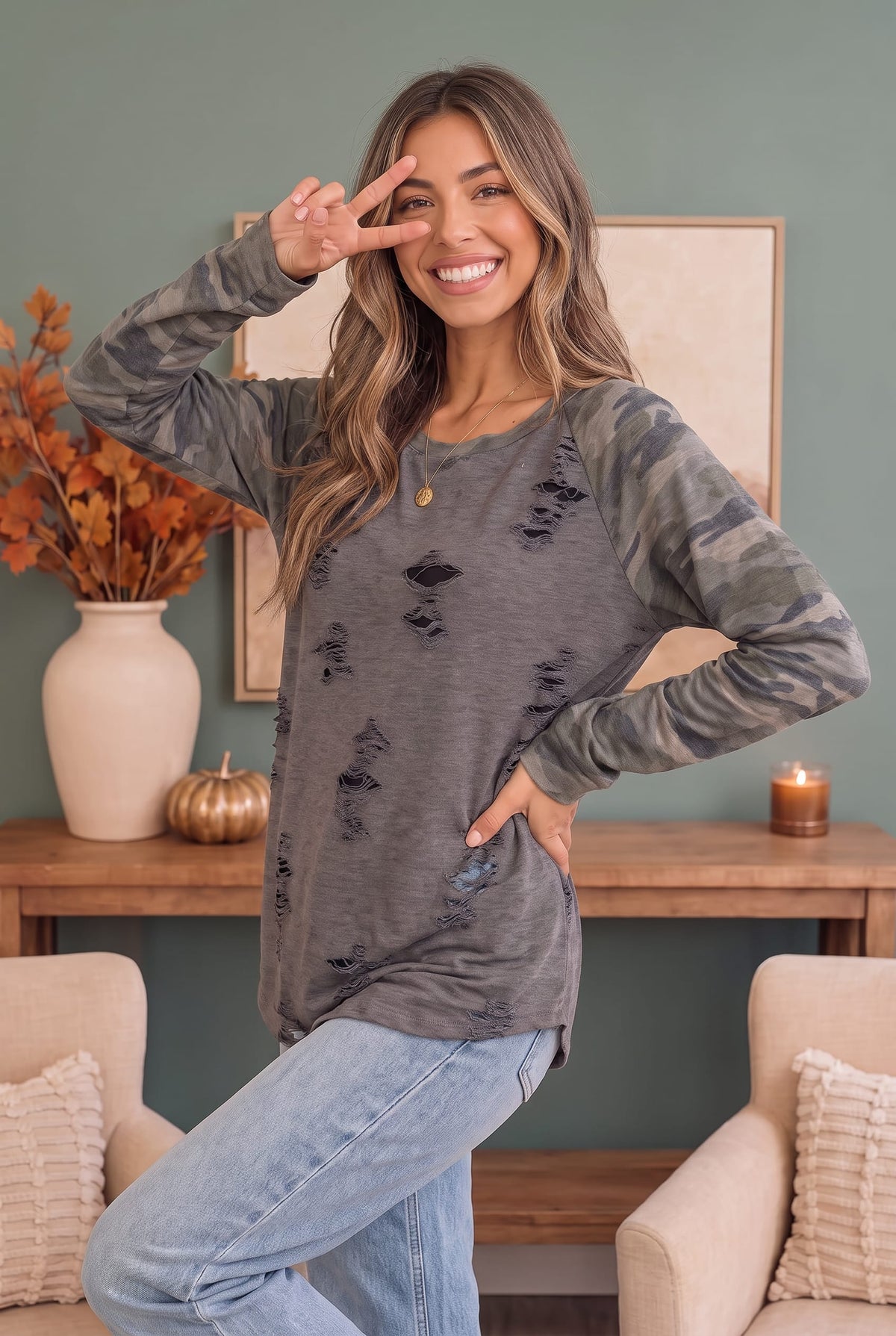 Adora Camo One Tough Cookie Distressed Raglan Top L Tops