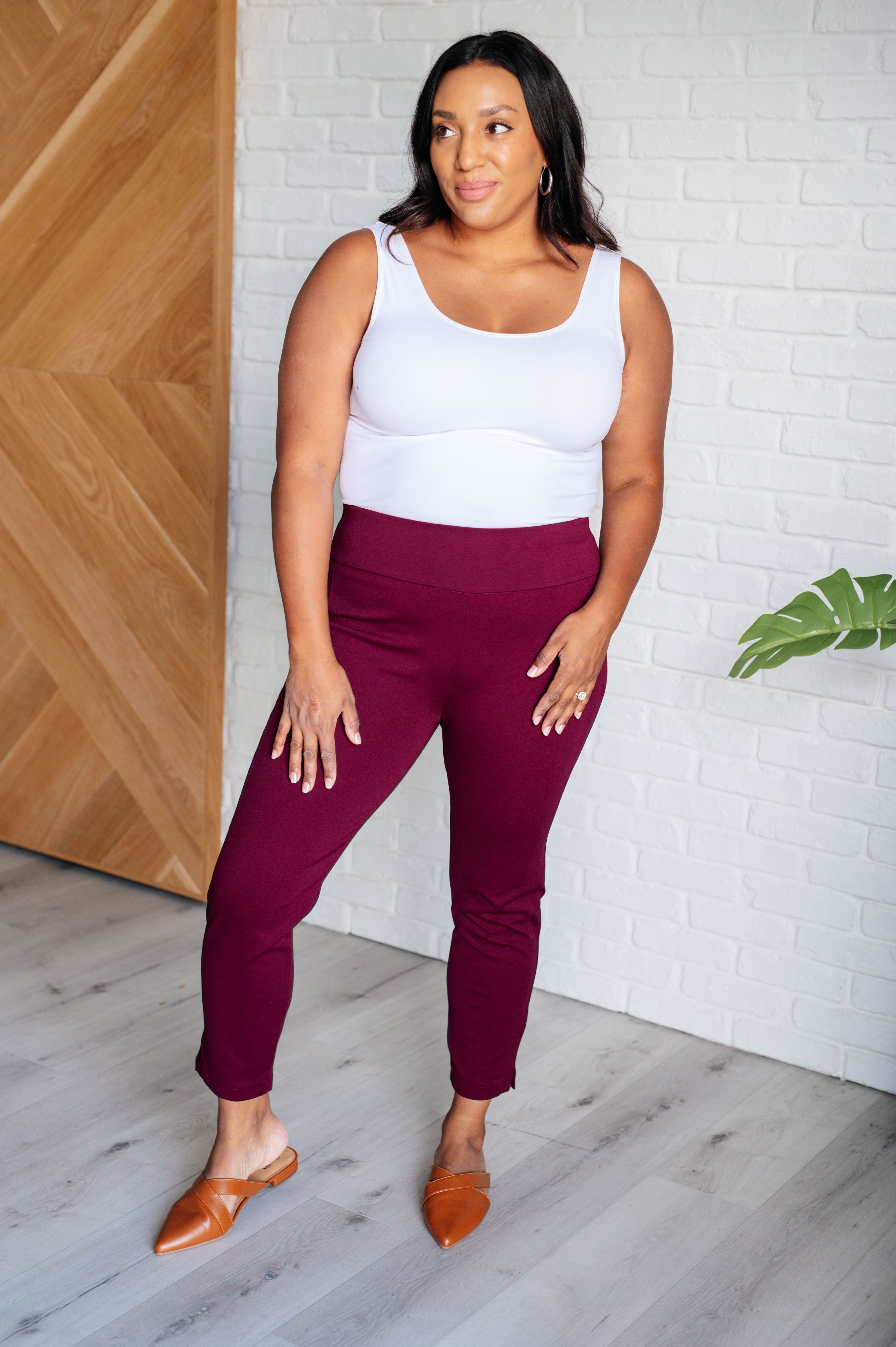 Dear Scarlett Magic Ankle Crop Skinny Pants in Wine Bottoms