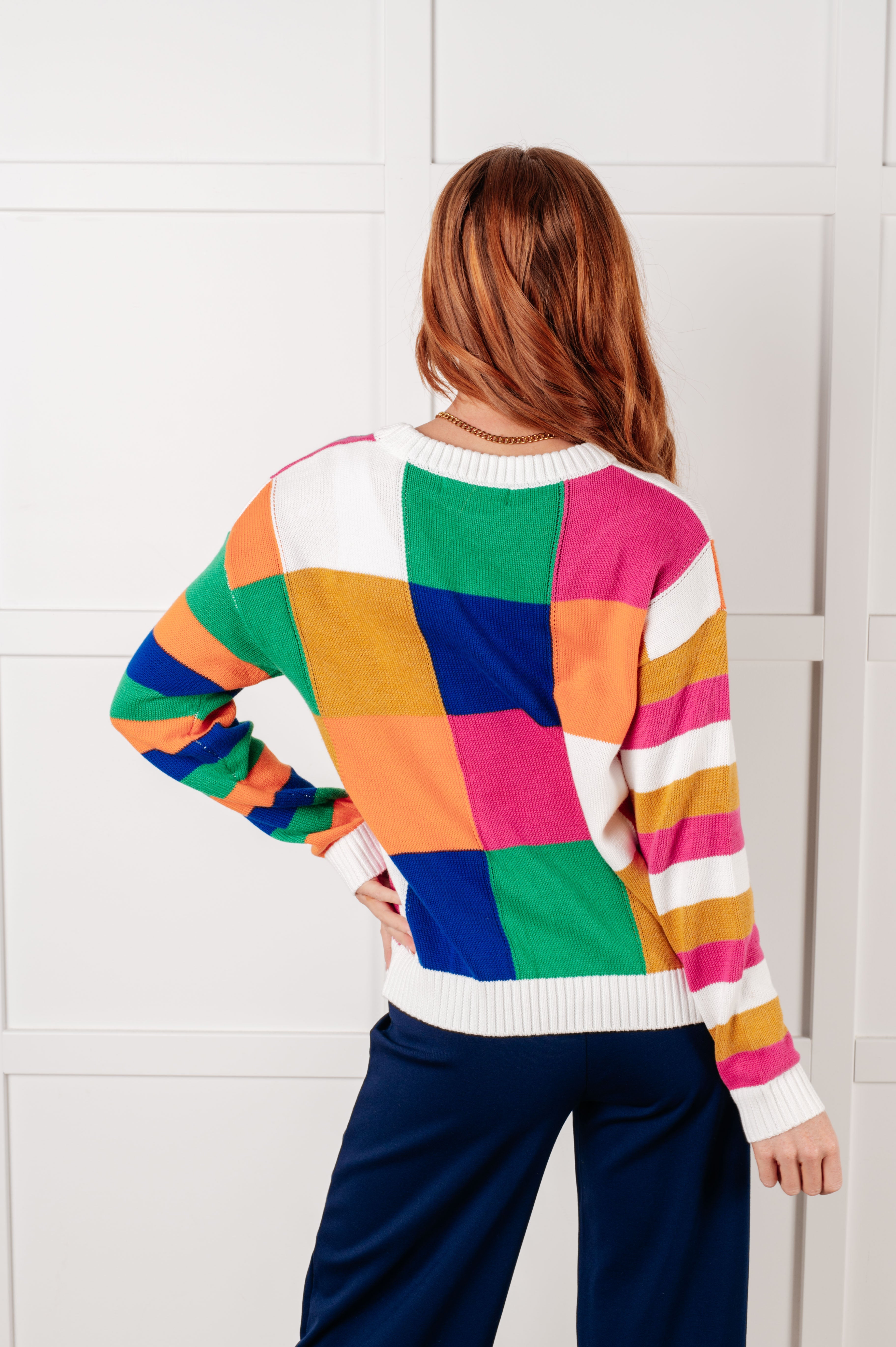 One Eleven North Manifesting Moment Checkered Color Block Sweater Tops