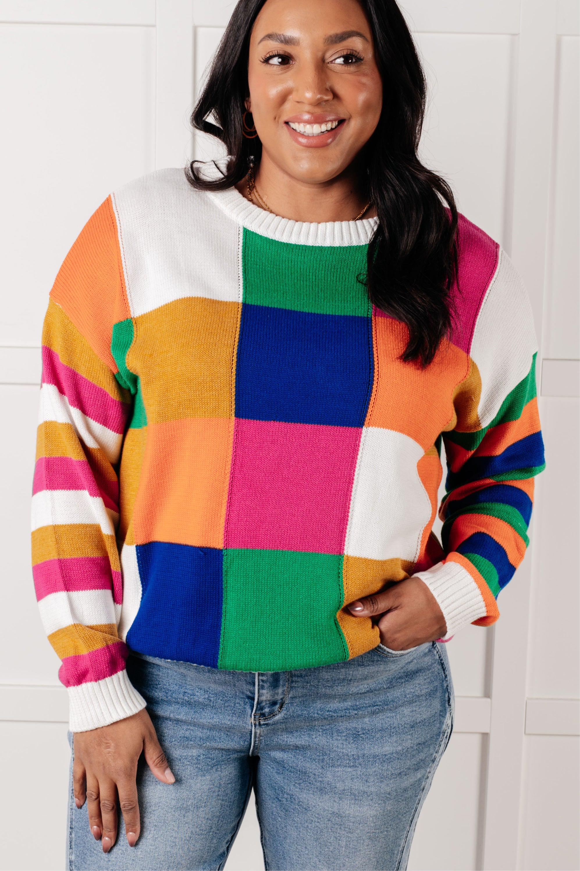 One Eleven North Manifesting Moment Checkered Color Block Sweater Tops