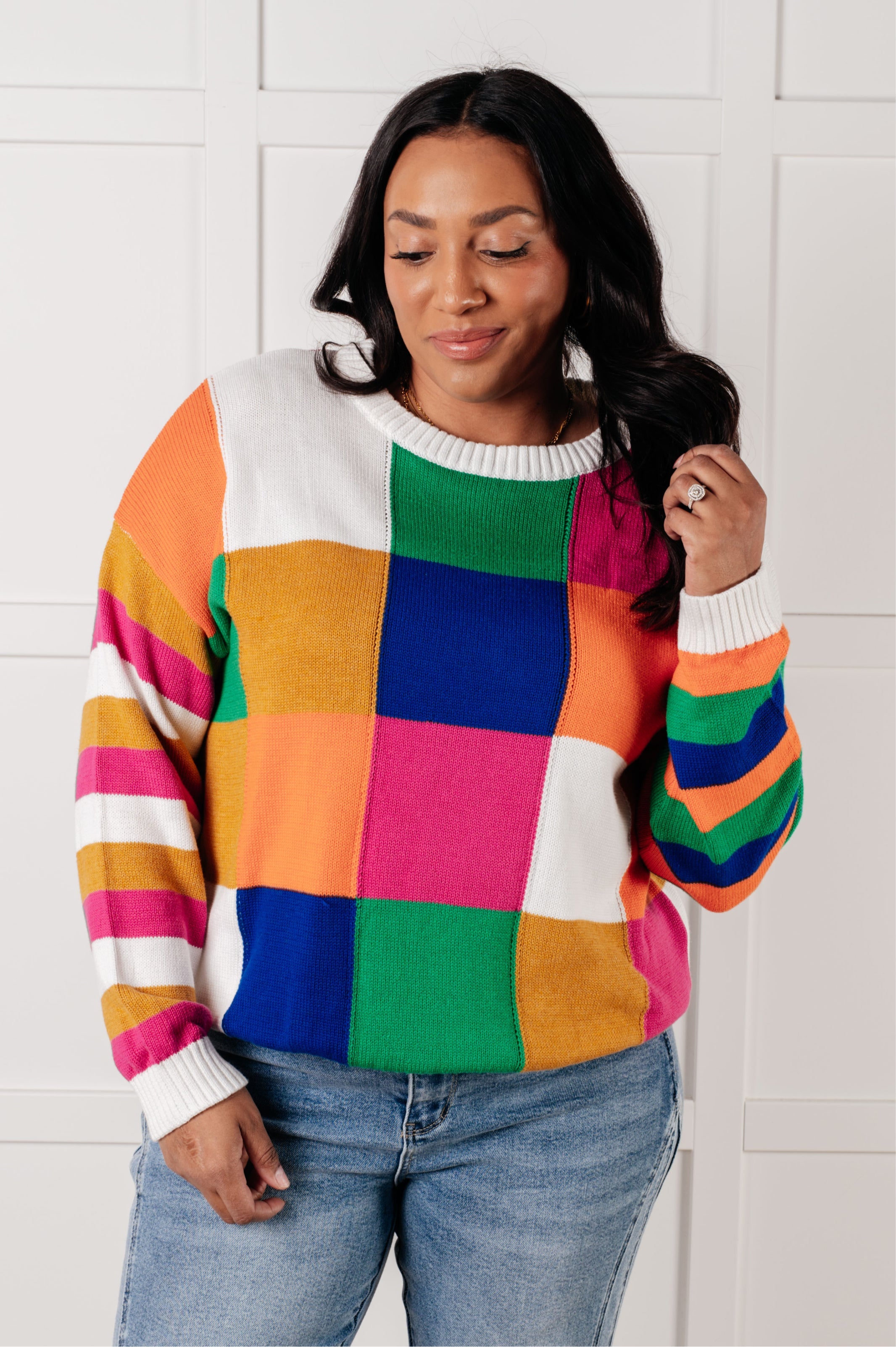 One Eleven North Manifesting Moment Checkered Color Block Sweater Tops