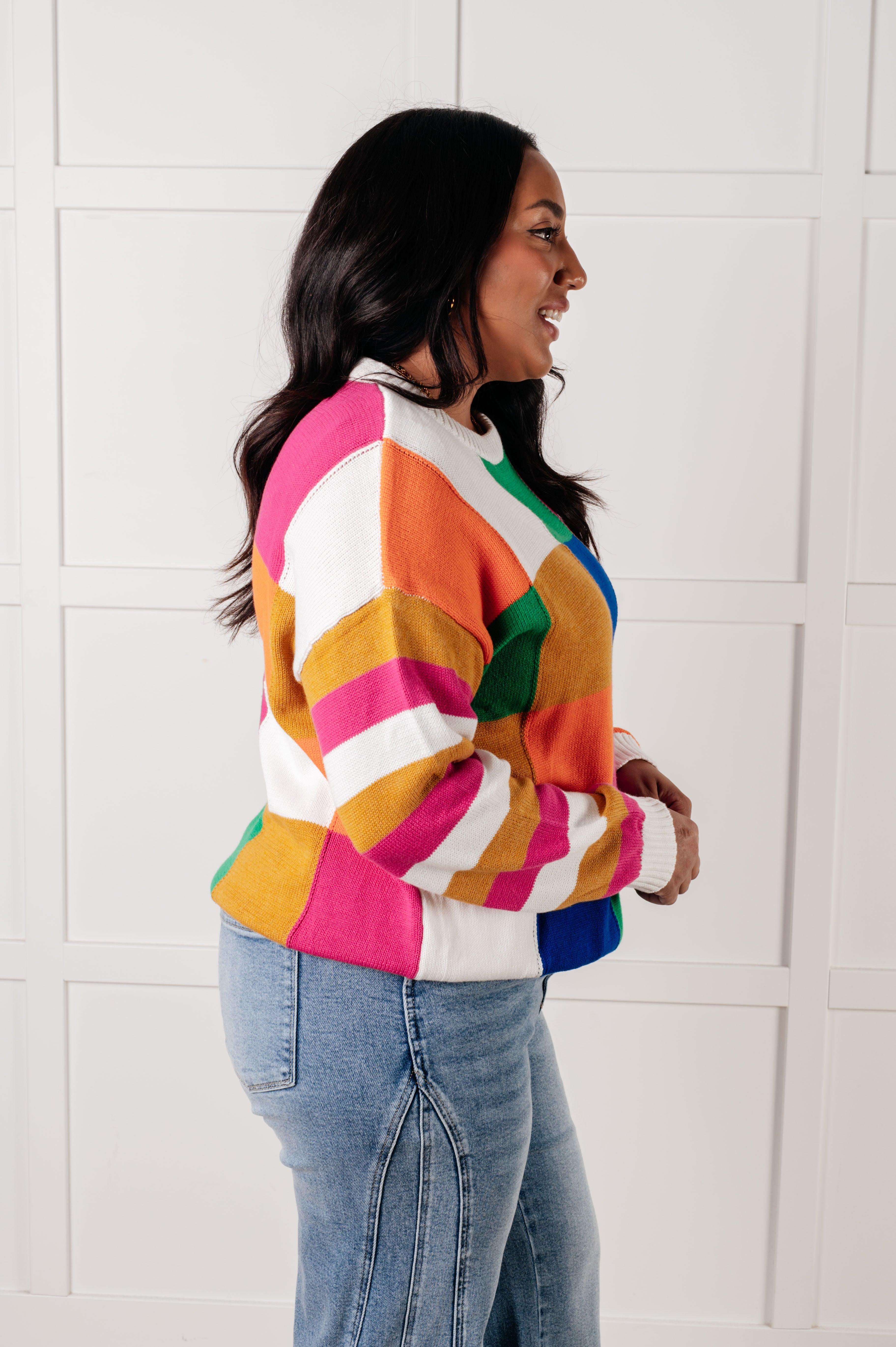 One Eleven North Manifesting Moment Checkered Color Block Sweater Tops