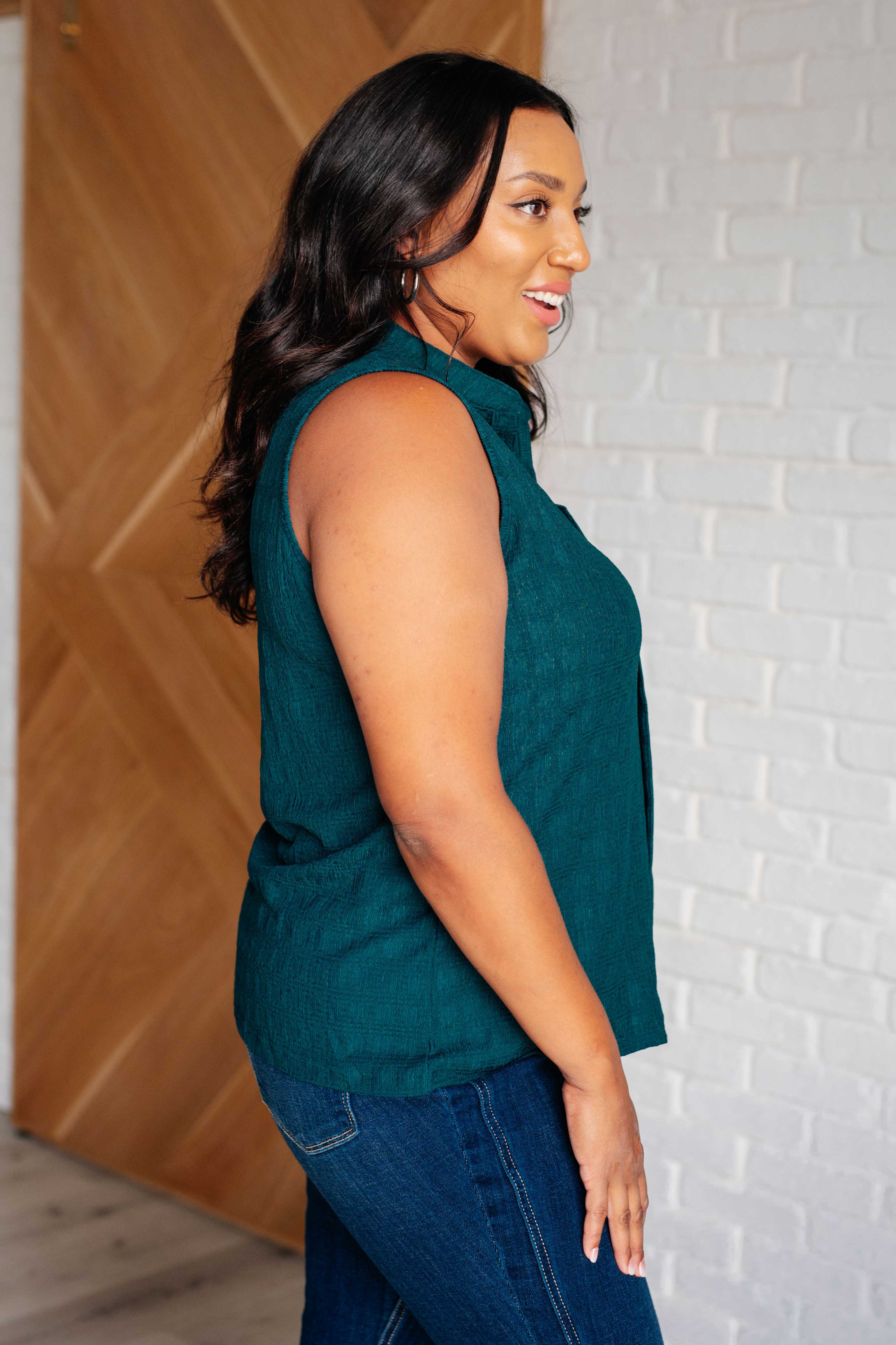 One Eleven North Matter of Fact Pleat Front Sleeveless Blouse in Sea Green Blouses