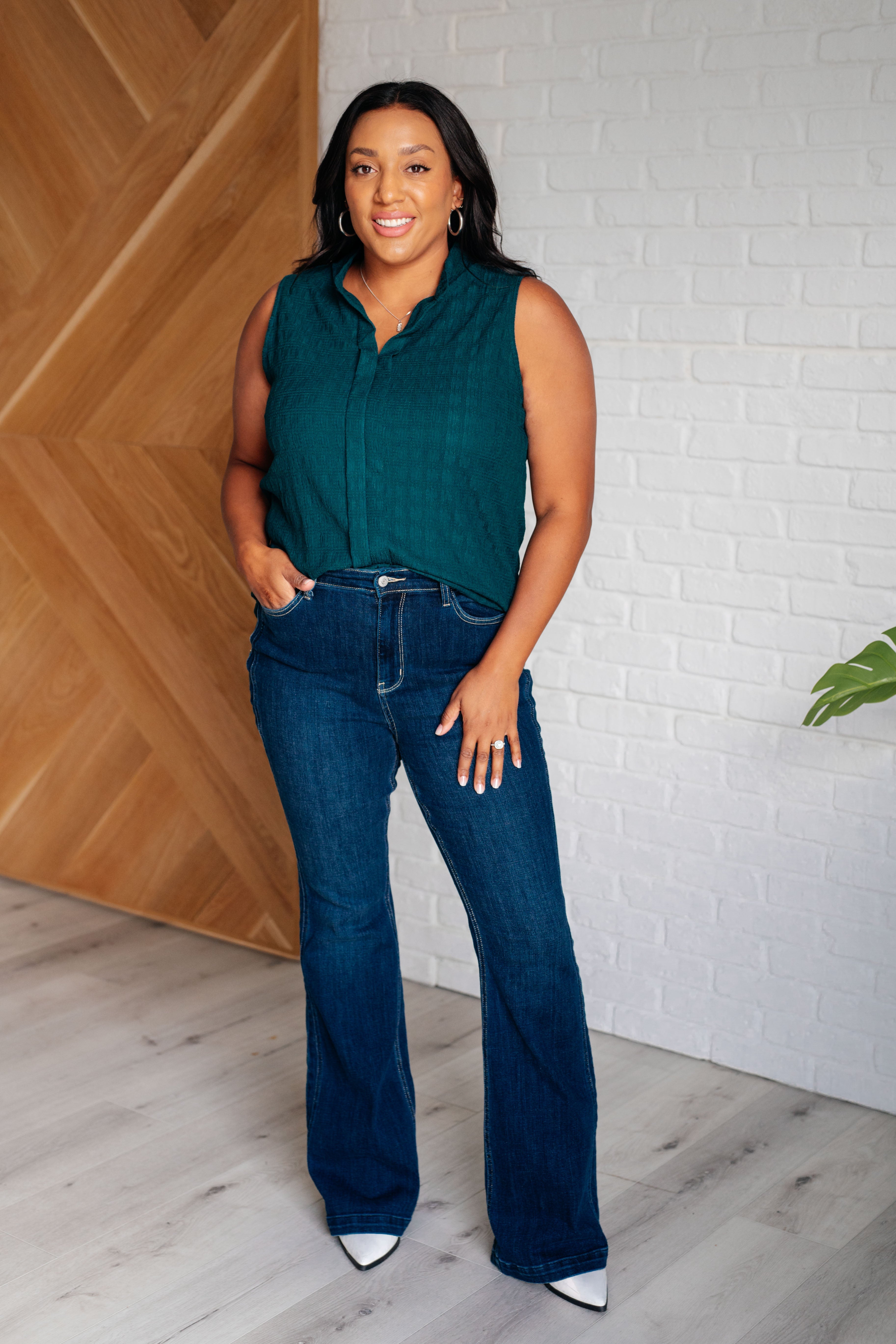 One Eleven North Matter of Fact Pleat Front Sleeveless Blouse in Sea Green Blouses