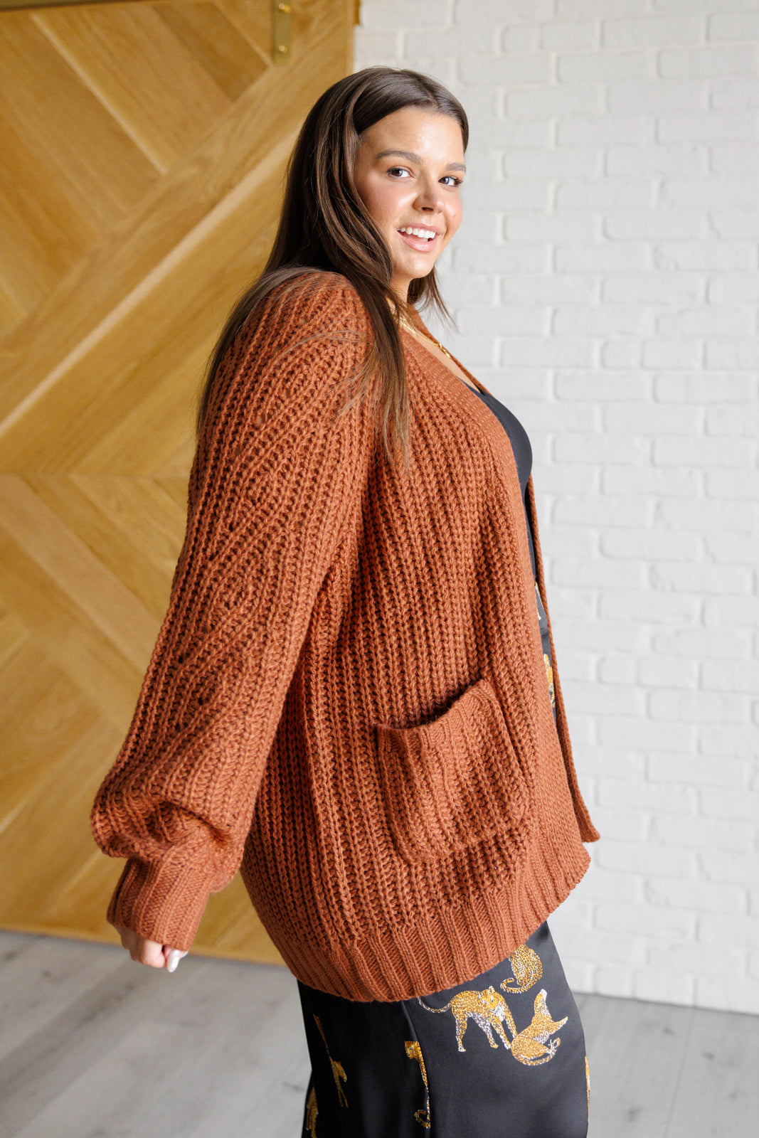 Very J Maybe Monday Cardigan in Chestnut Layers