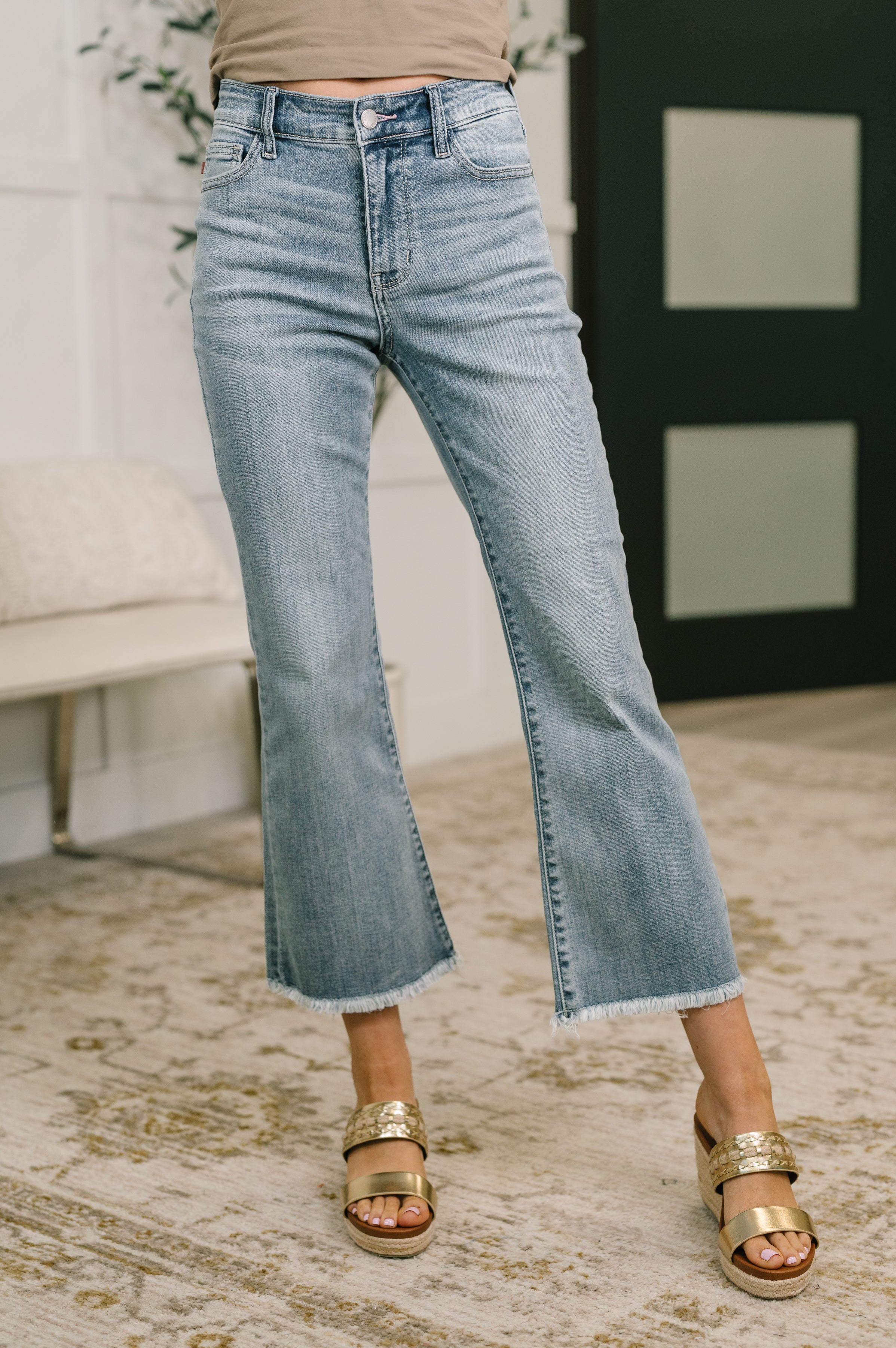 Mckaylee Mid Rise Kick Flare Jeans with Frayed Hem Womens
