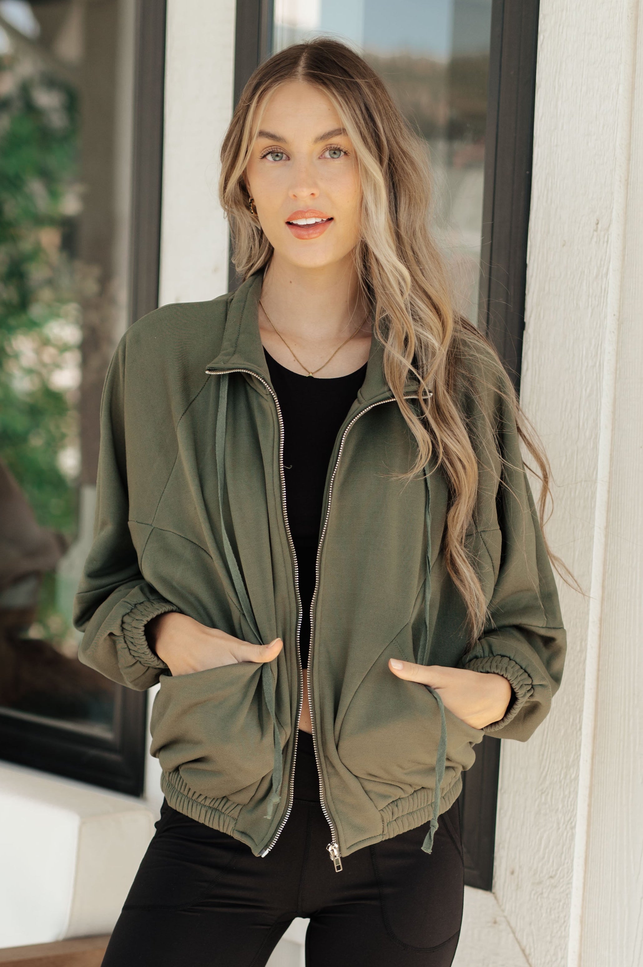 Bibi Miss You More Zip Up Sweatshirt in Olive Tops