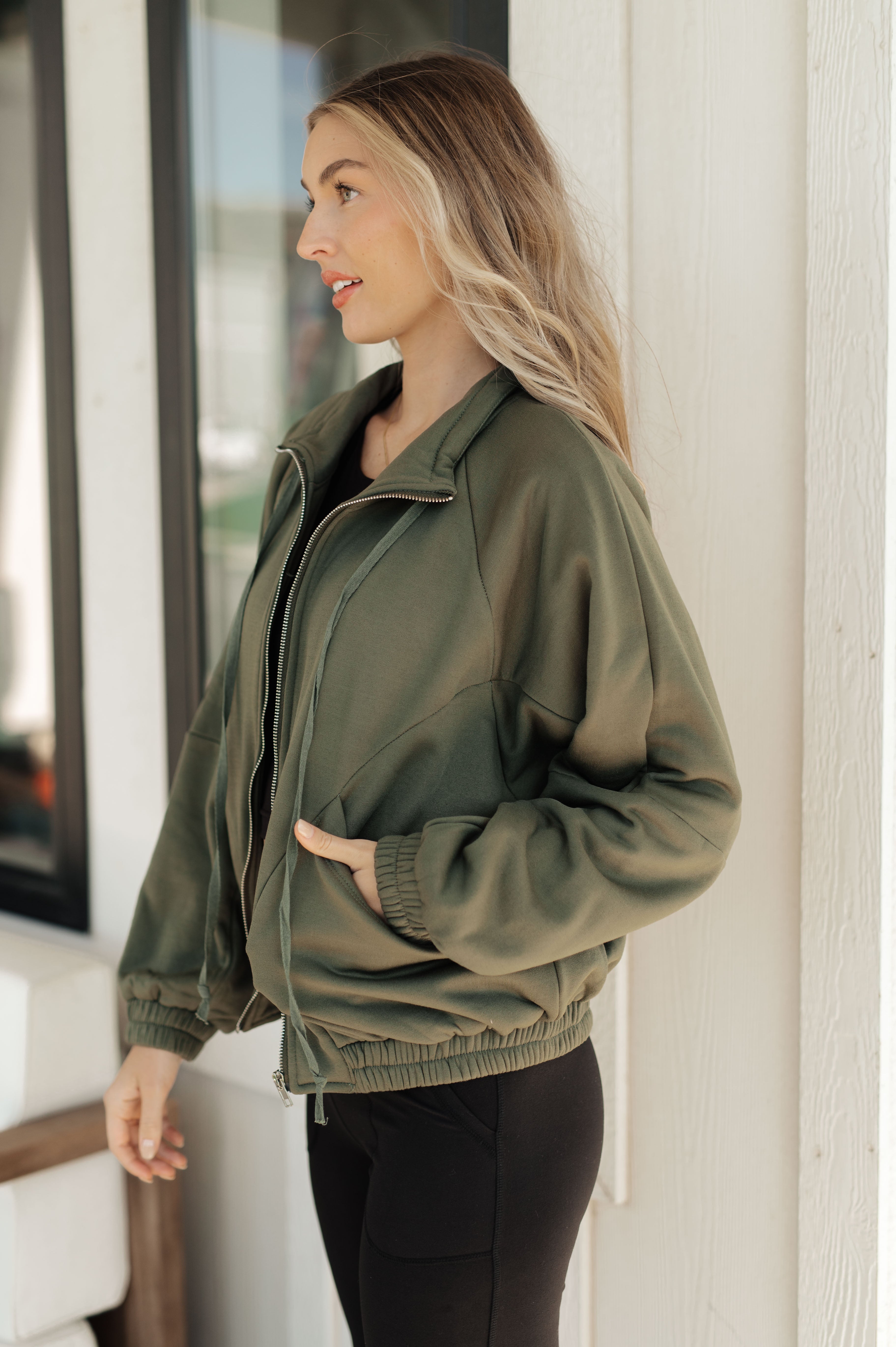 Bibi Miss You More Zip Up Sweatshirt in Olive Tops
