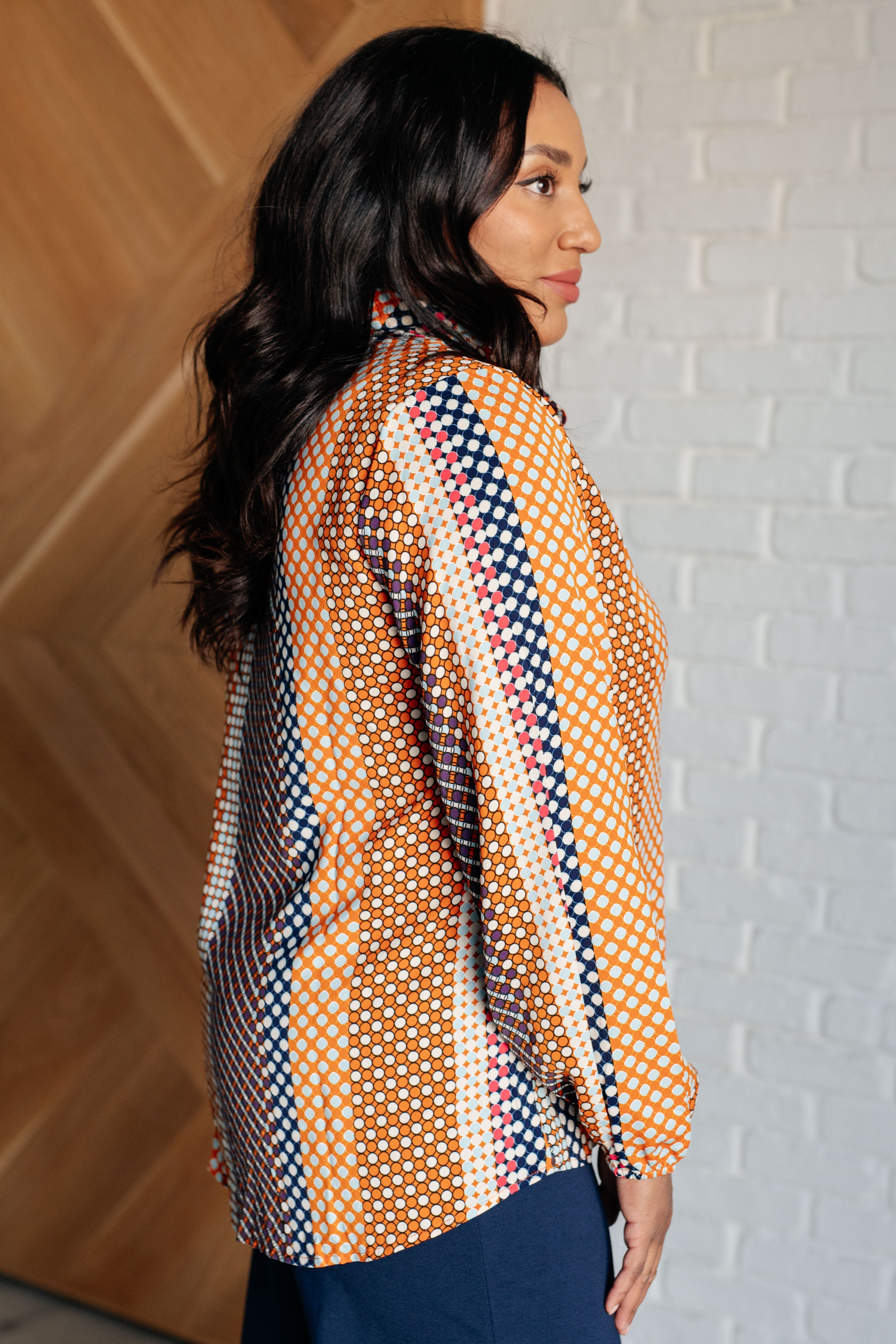 One Eleven North Moderately Mod Polka Dot Button Up Top Tops