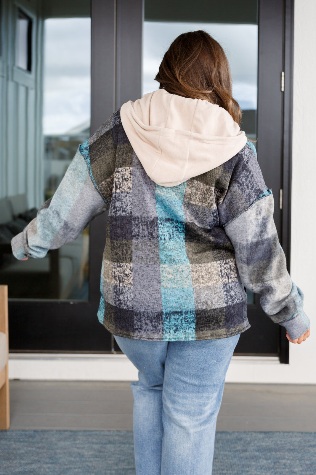 BiBi My Best Effort Teal & Gray Plaid Hooded Shacket Layers
