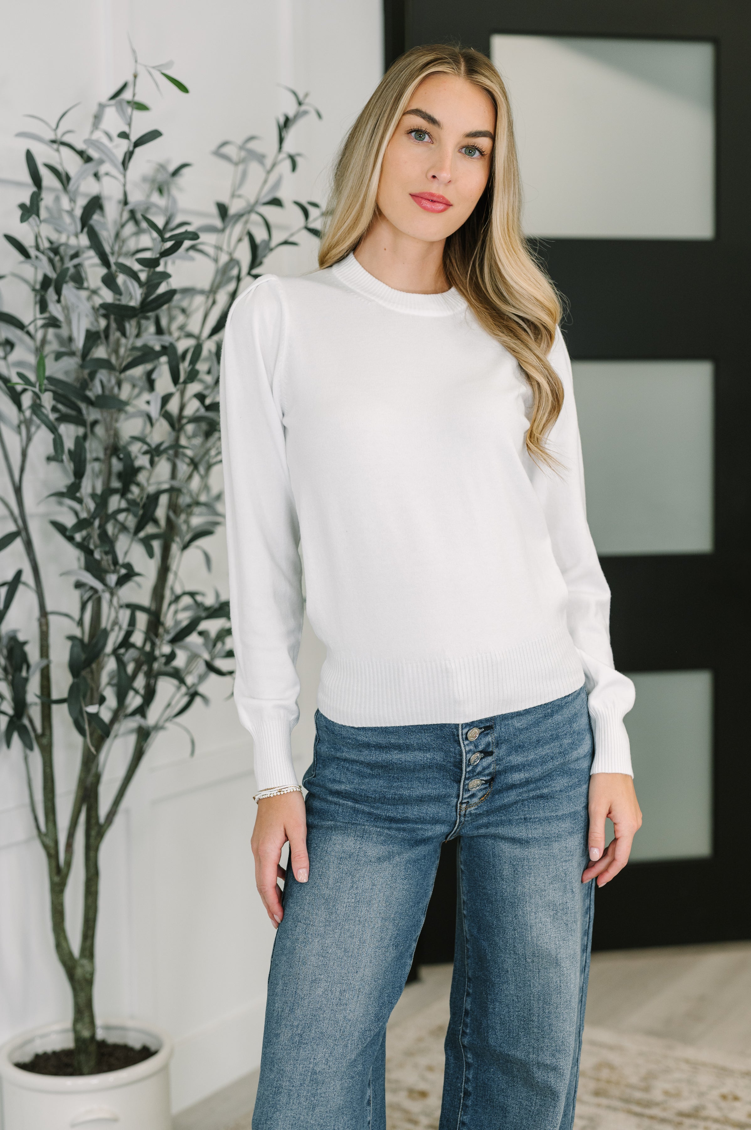 Zenana Necessary Closet Space Long Sleeve Knit Top in White Womens