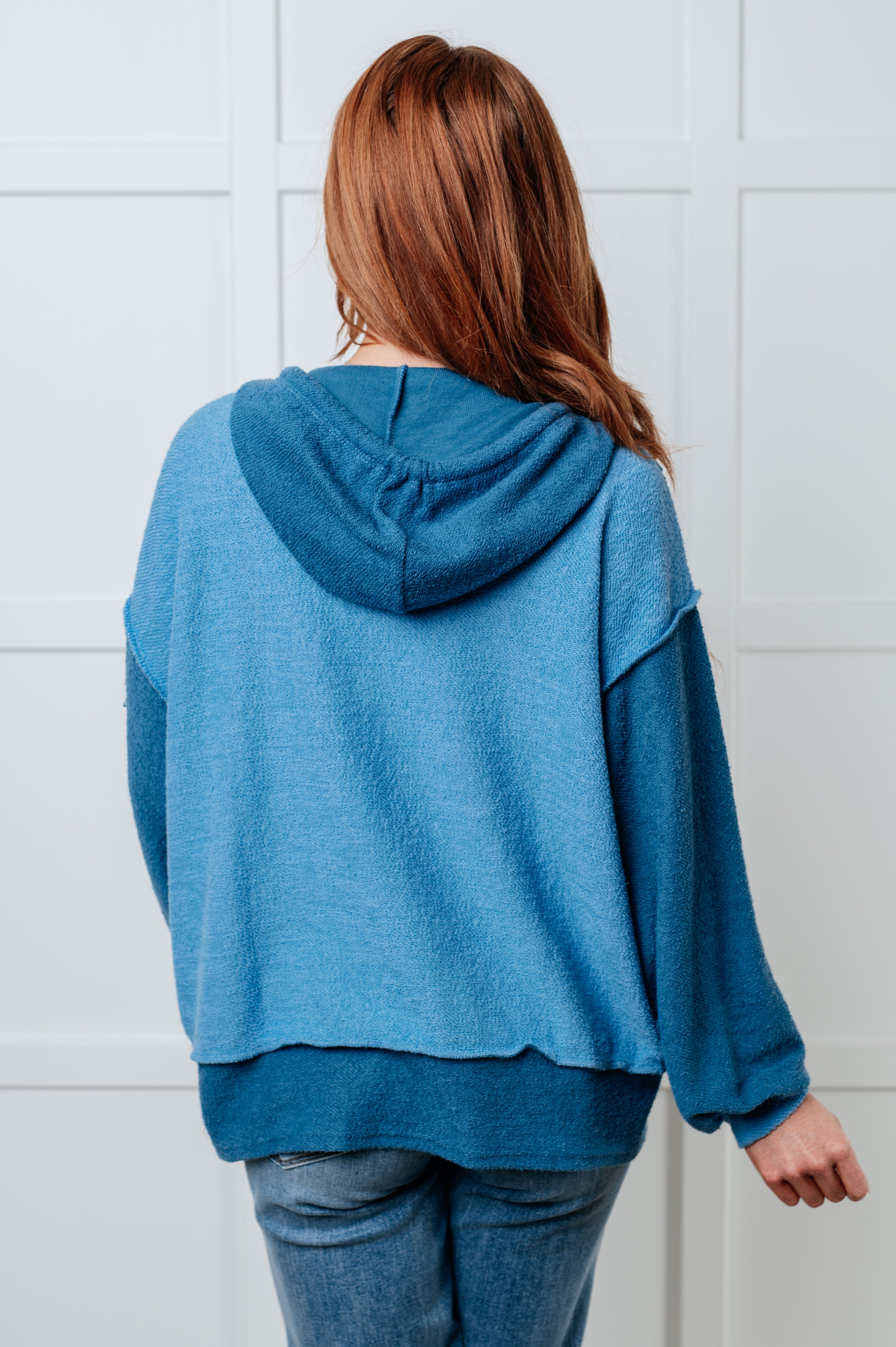 BiBi French Terry Logic Blue Color Long Sleeve Block Hoodie Tops