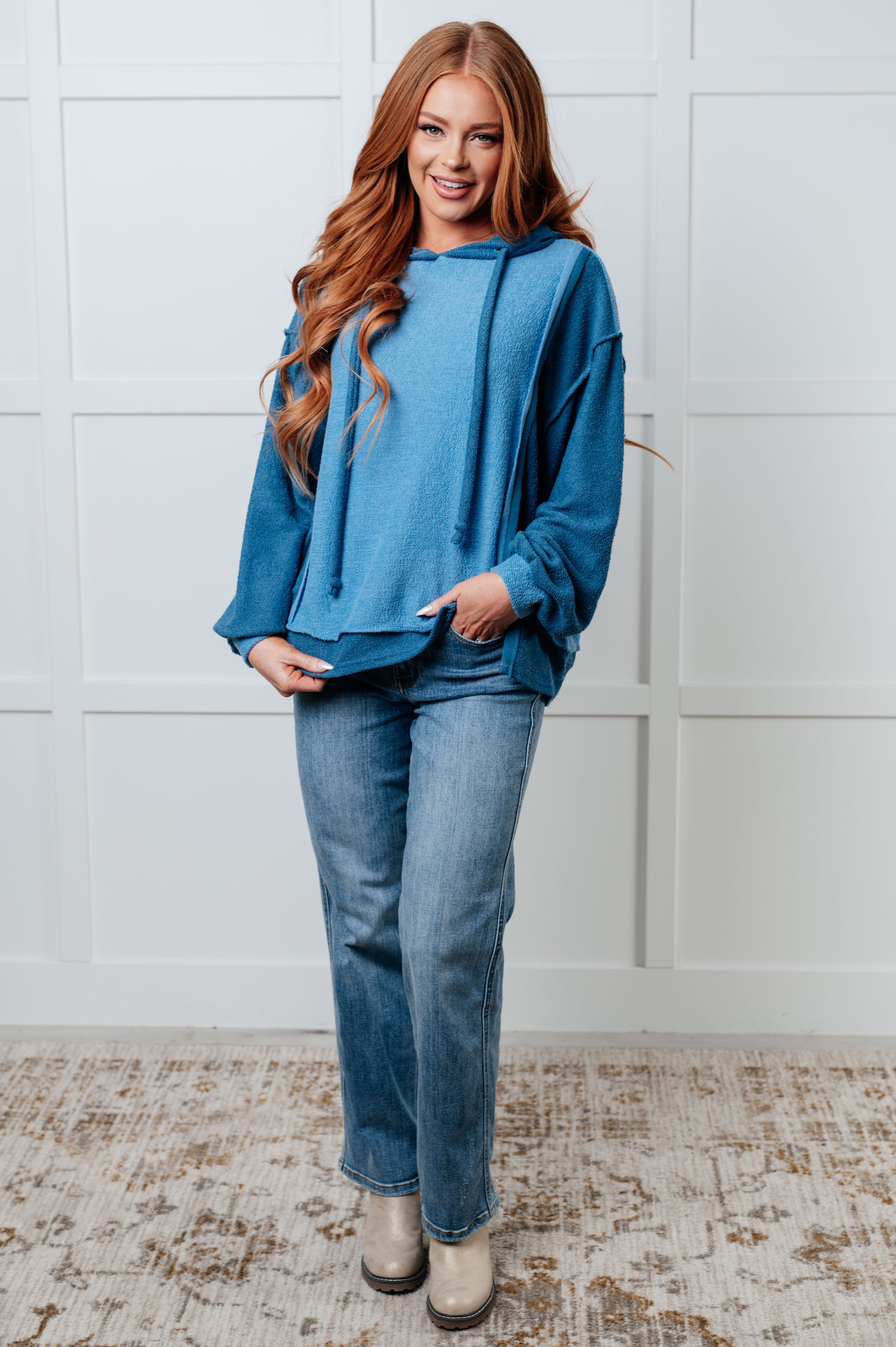 BiBi French Terry Logic Blue Color Long Sleeve Block Hoodie Tops