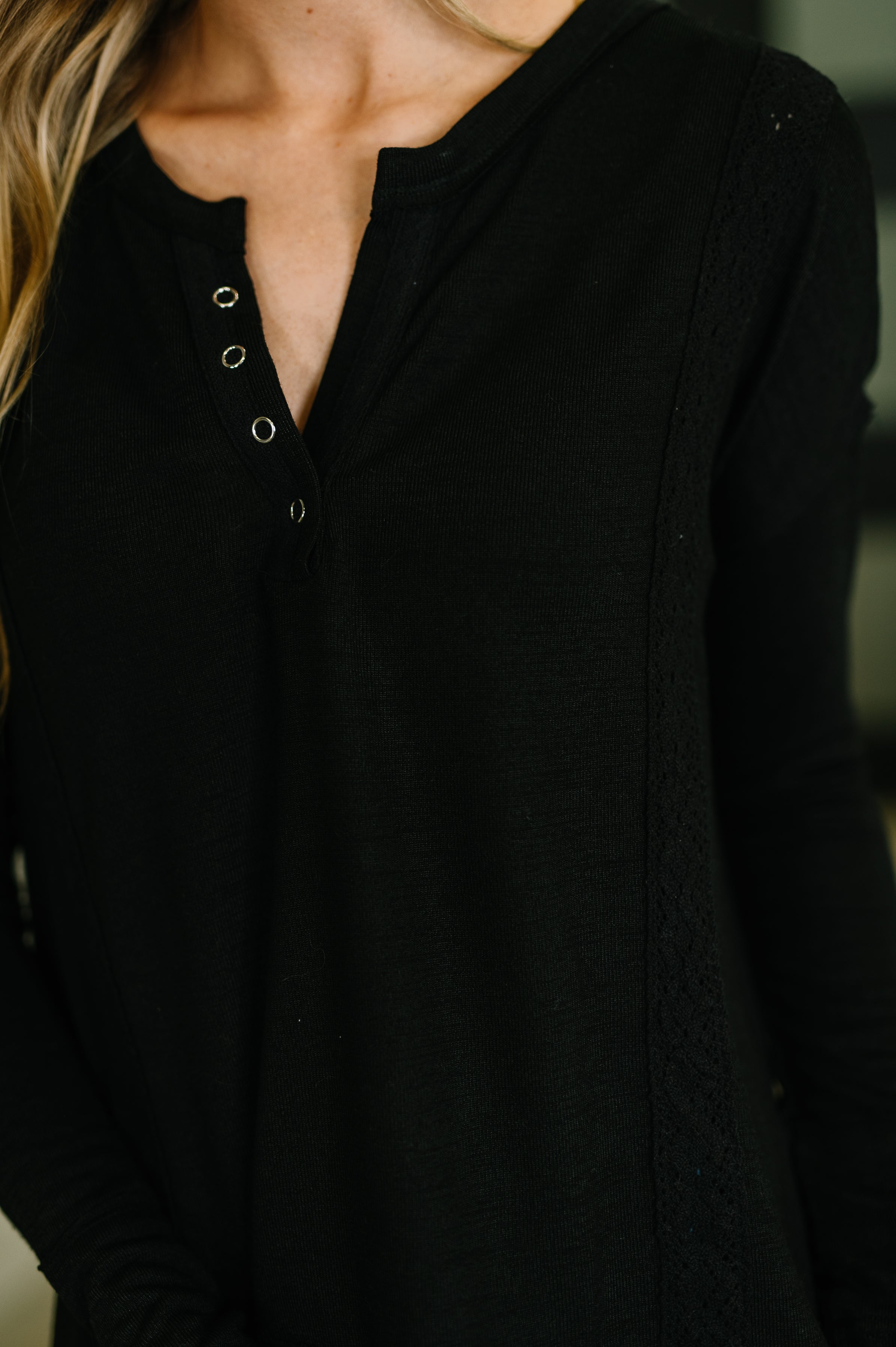 In Loom Never Been So Sure Lace Accent Henley Top in Black Womens