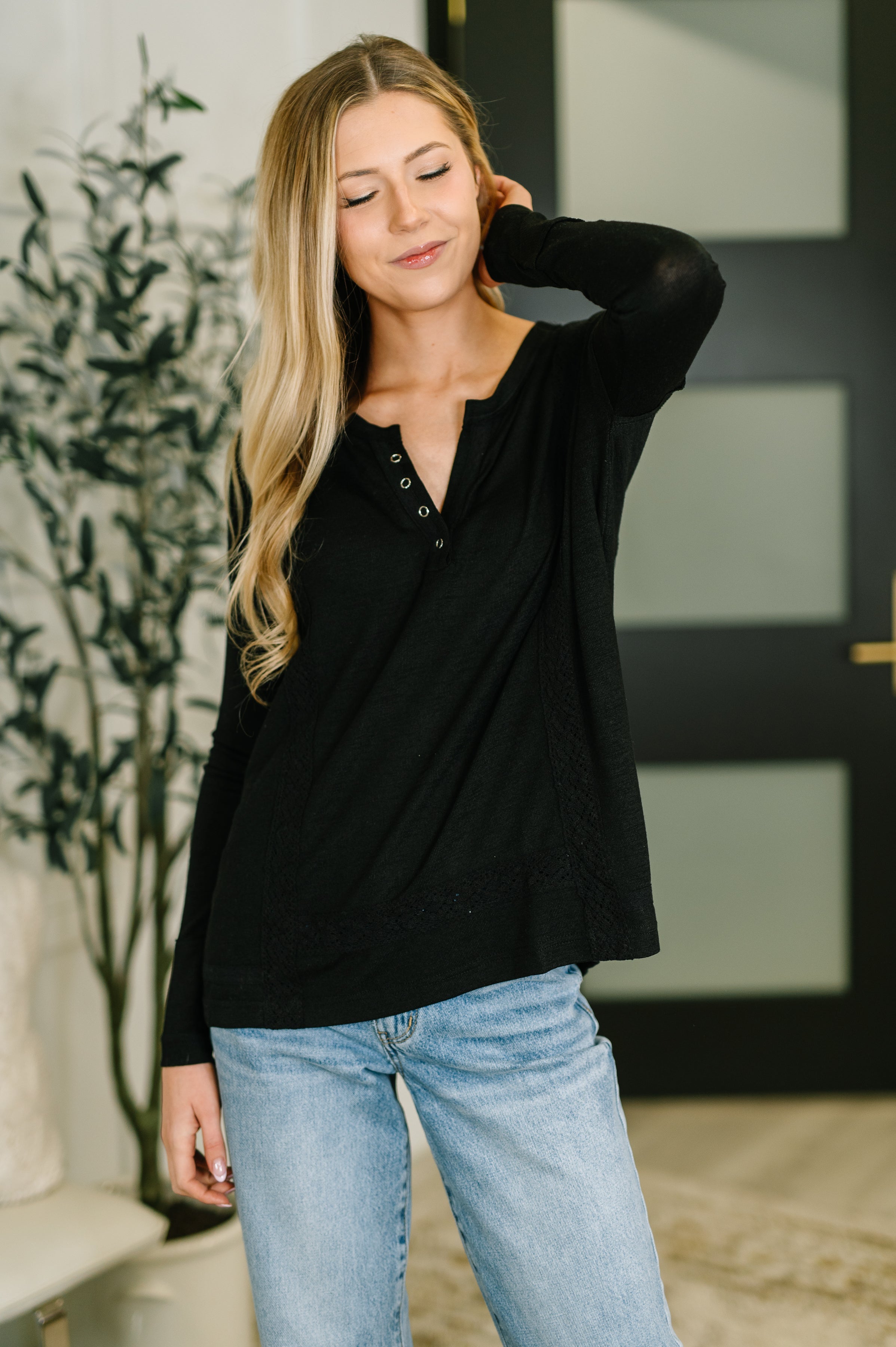 In Loom Never Been So Sure Lace Accent Henley Top in Black Womens