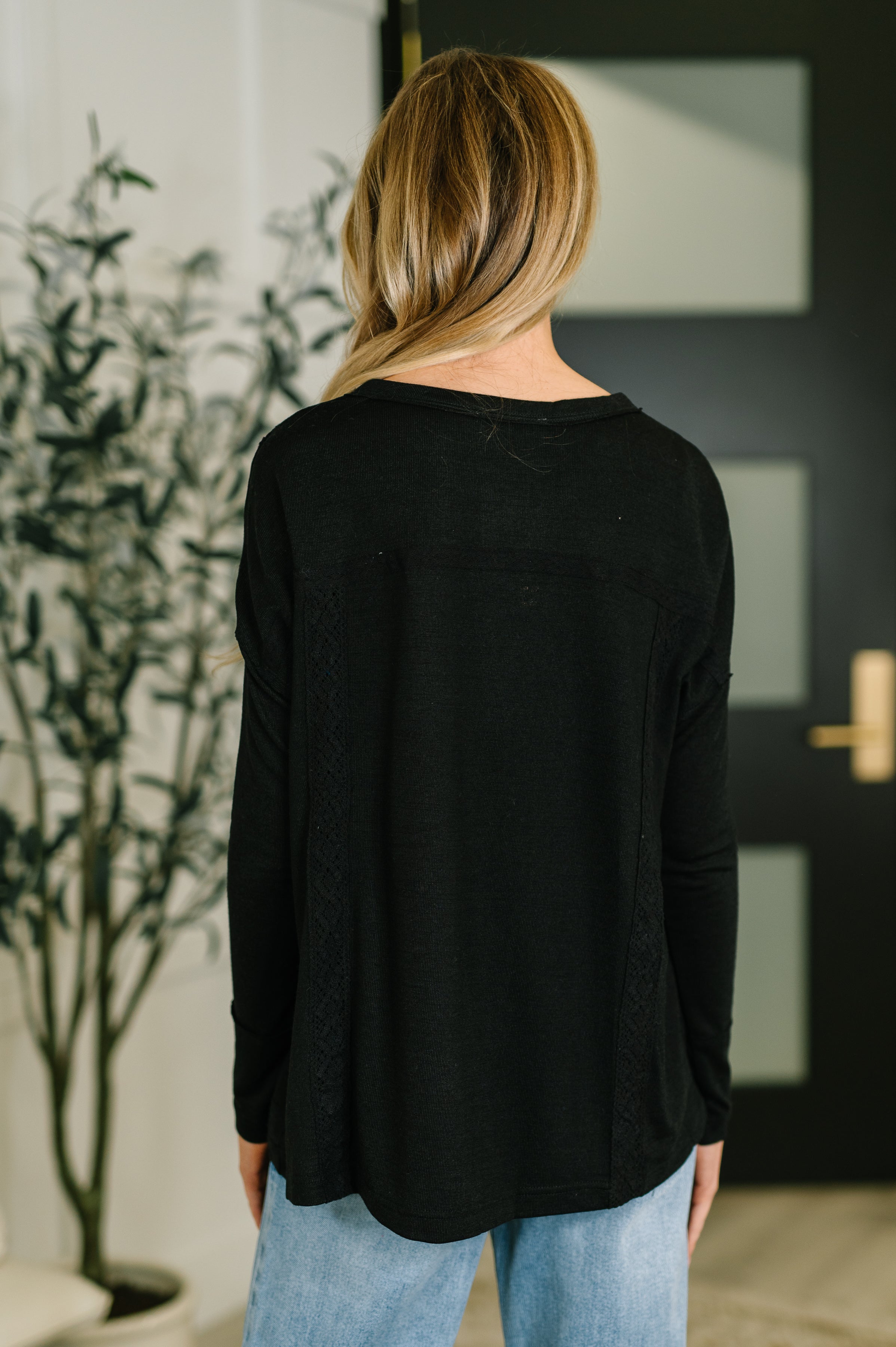 In Loom Never Been So Sure Lace Accent Henley Top in Black Womens