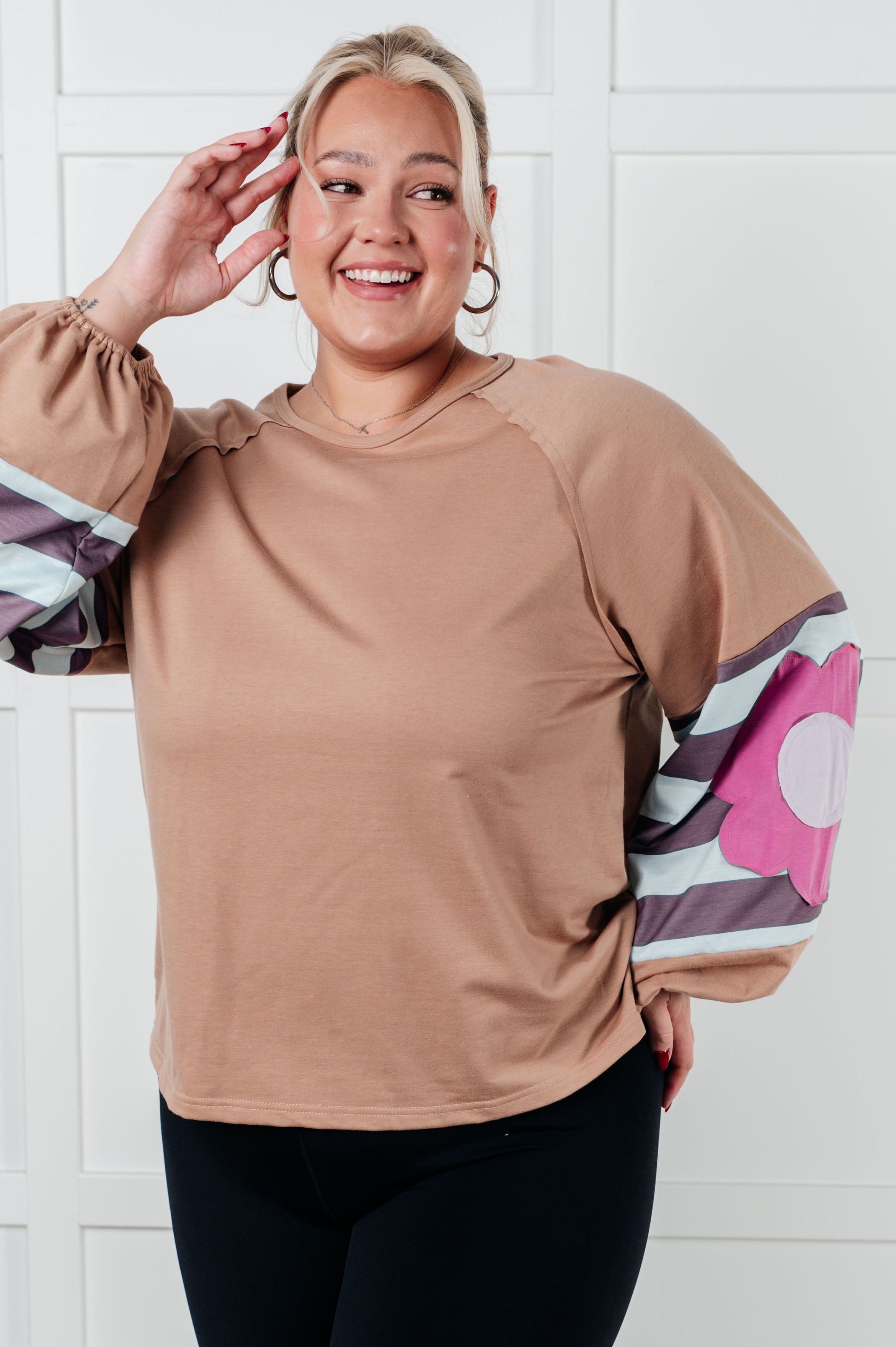 One Eleven North French Terry Floral Patchwork Long Sleeve Top Tops