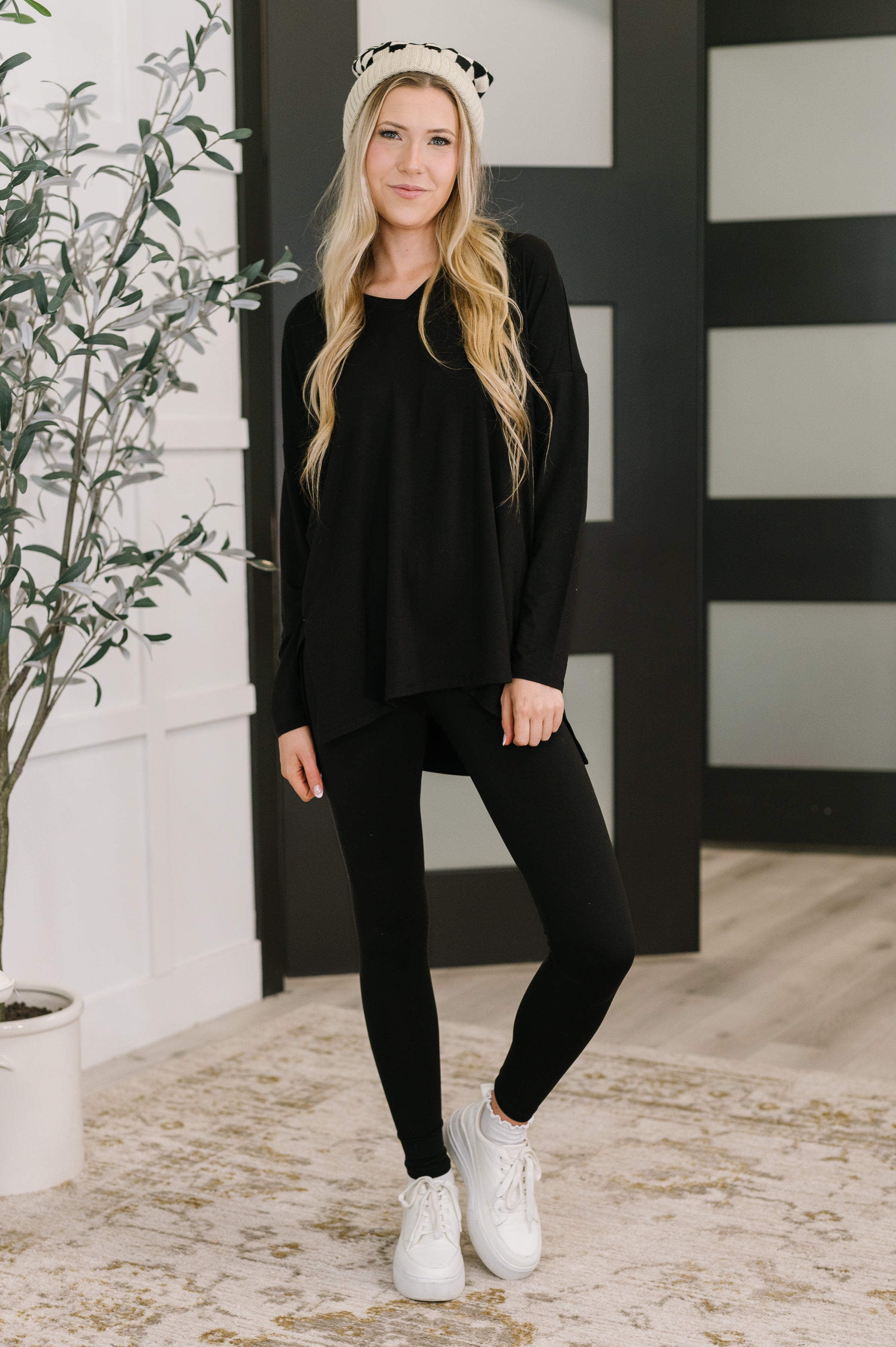 Zenana Next to Nothing V Neck Long Sleeve Top and Bottom Set in Black Womens