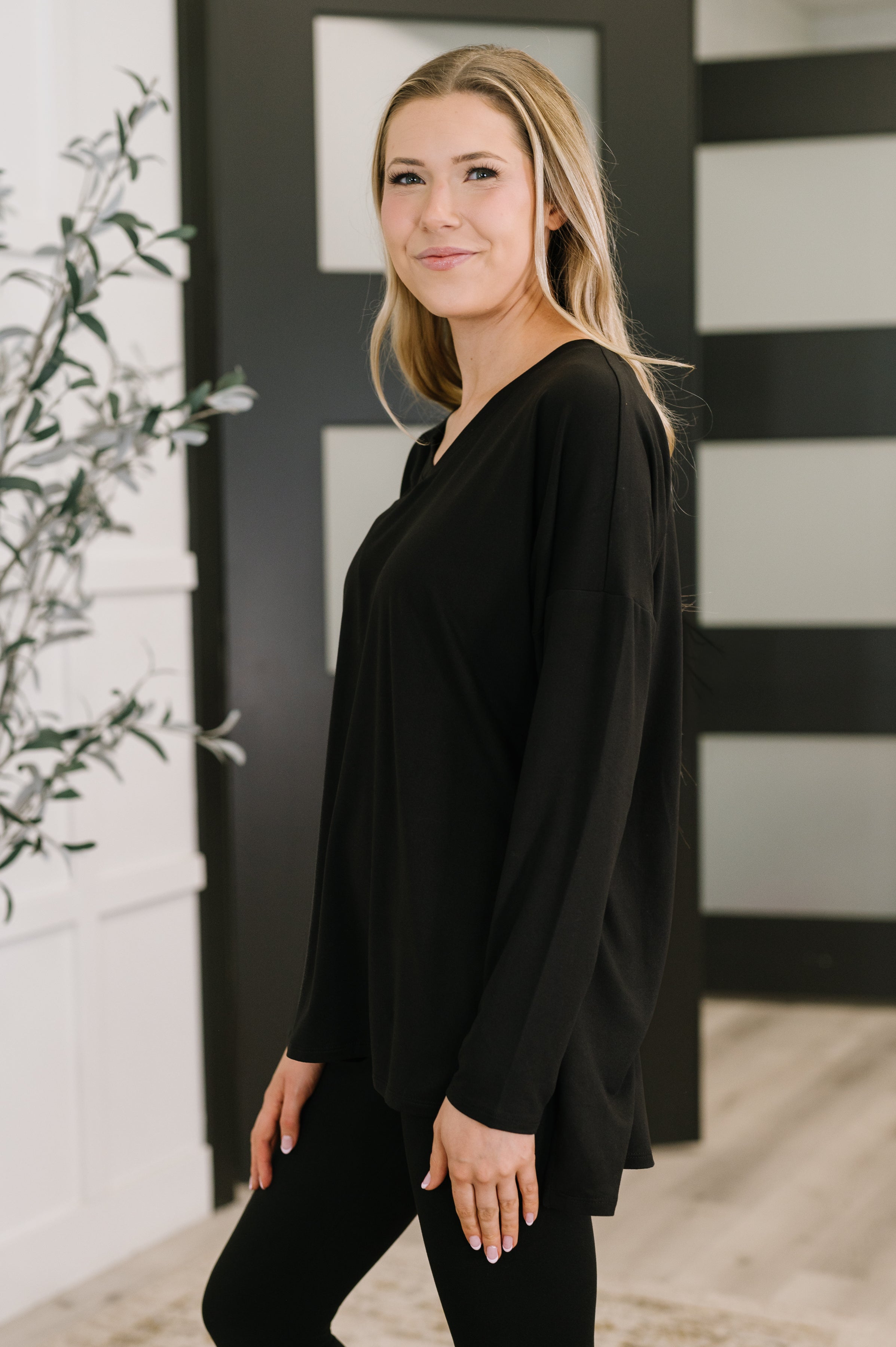 Zenana Next to Nothing V Neck Long Sleeve Top and Bottom Set in Black Womens