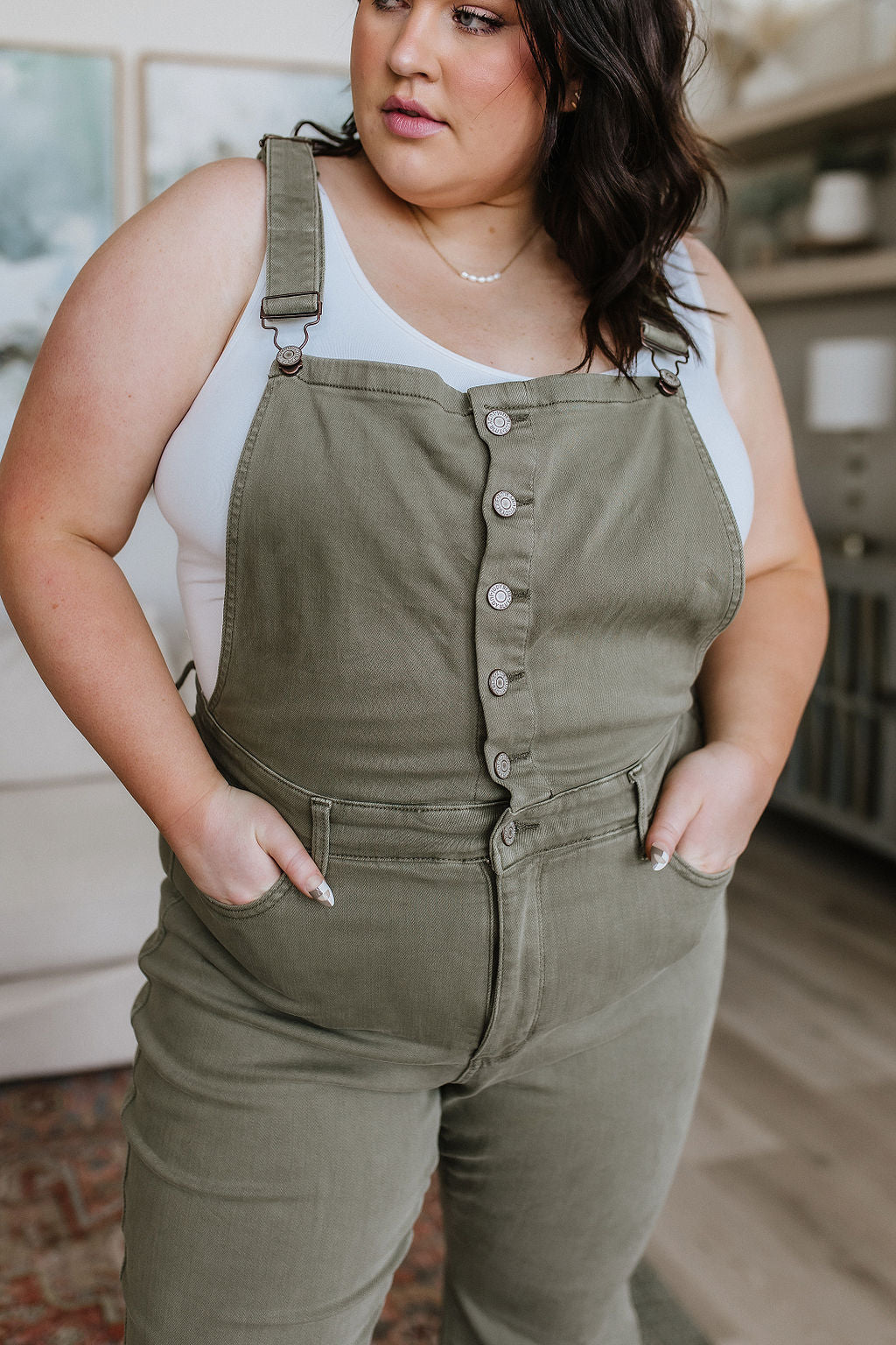 Judy Blue Olivia Control Top Release Hem Overalls in Olive Denim