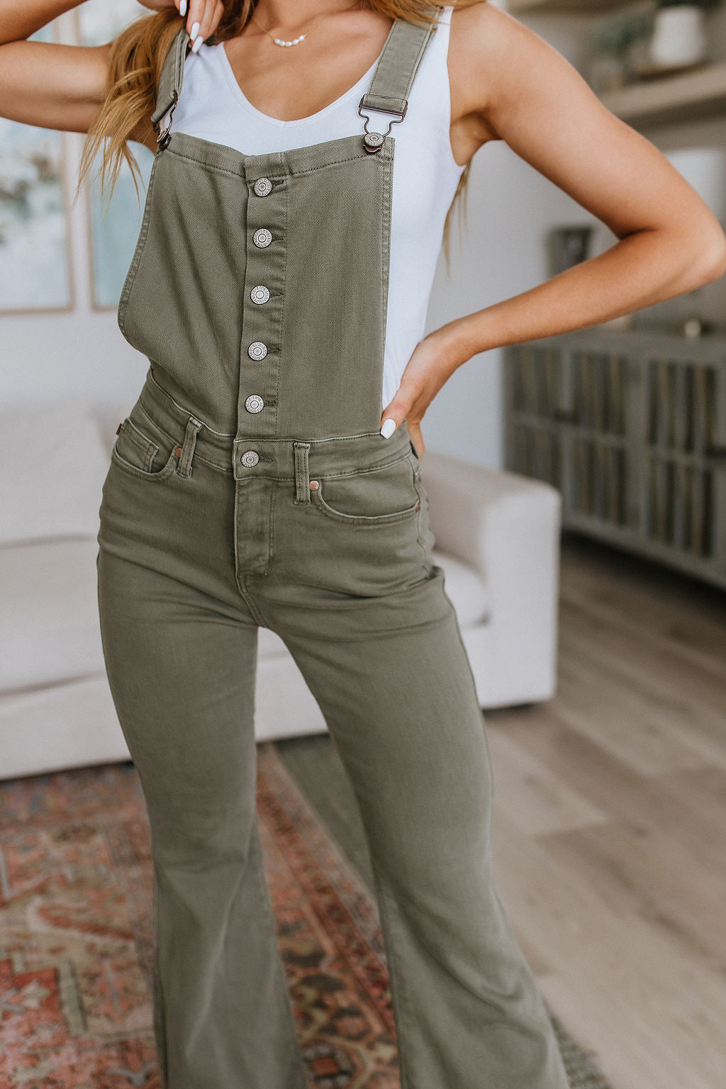 Judy Blue Olivia Control Top Release Hem Overalls in Olive Denim
