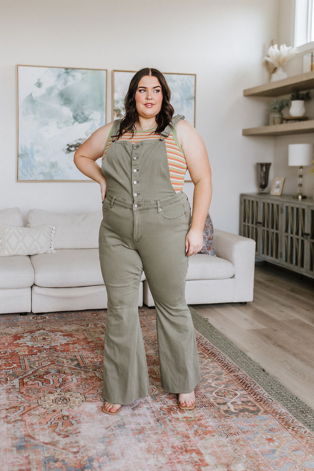 Judy Blue Olivia Control Top Release Hem Overalls in Olive Denim