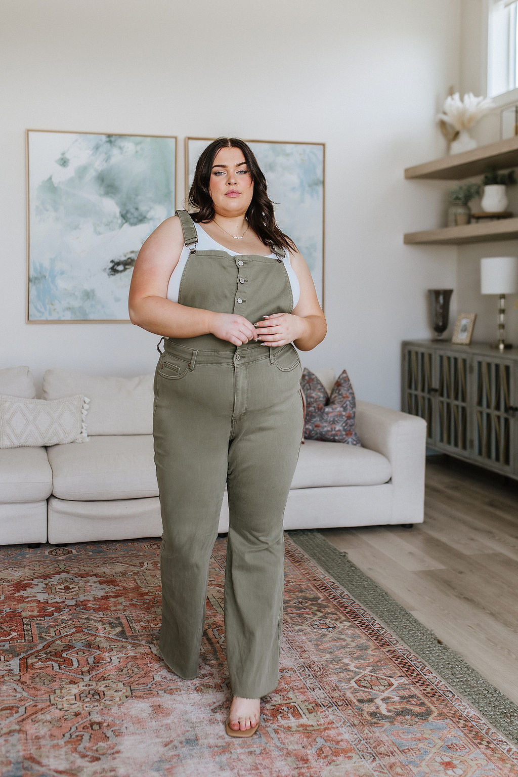 Judy Blue Olivia Control Top Release Hem Overalls in Olive Denim
