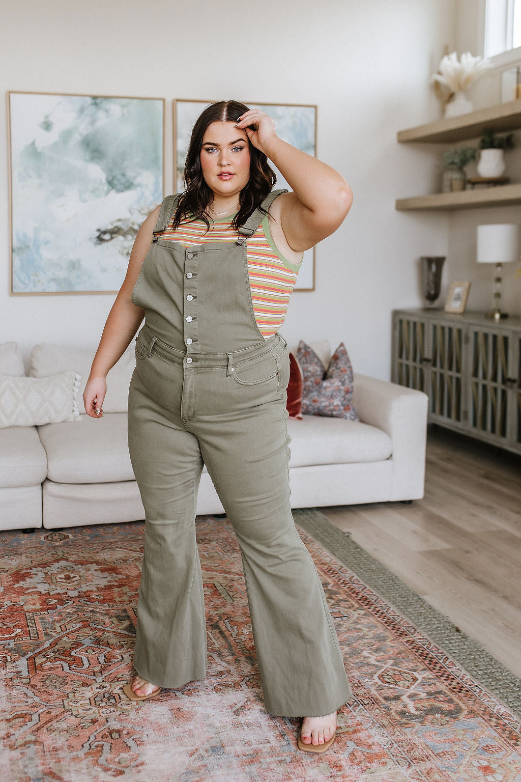 Judy Blue Olivia Control Top Release Hem Overalls in Olive Denim