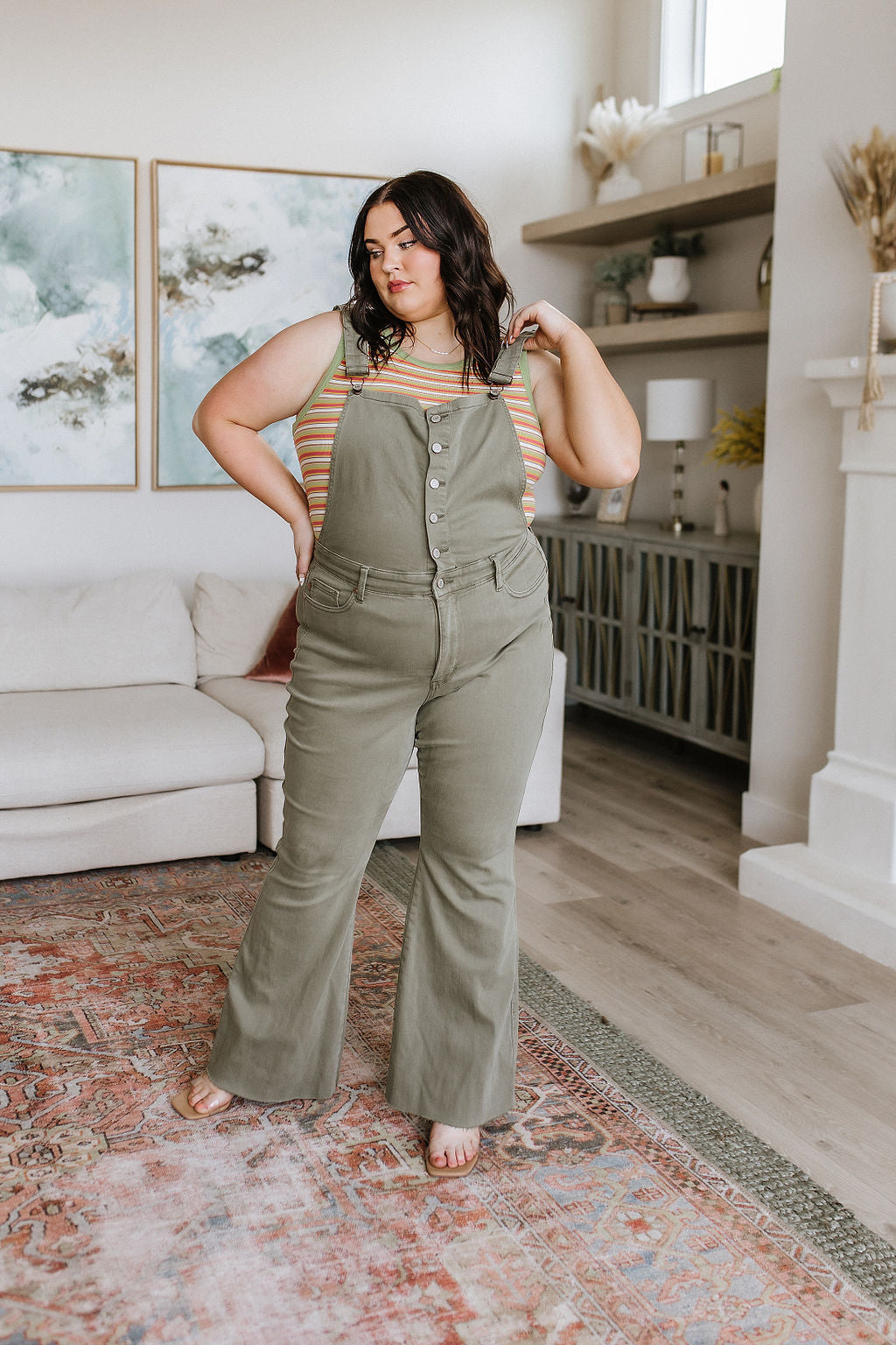 Judy Blue Olivia Control Top Release Hem Overalls in Olive Denim