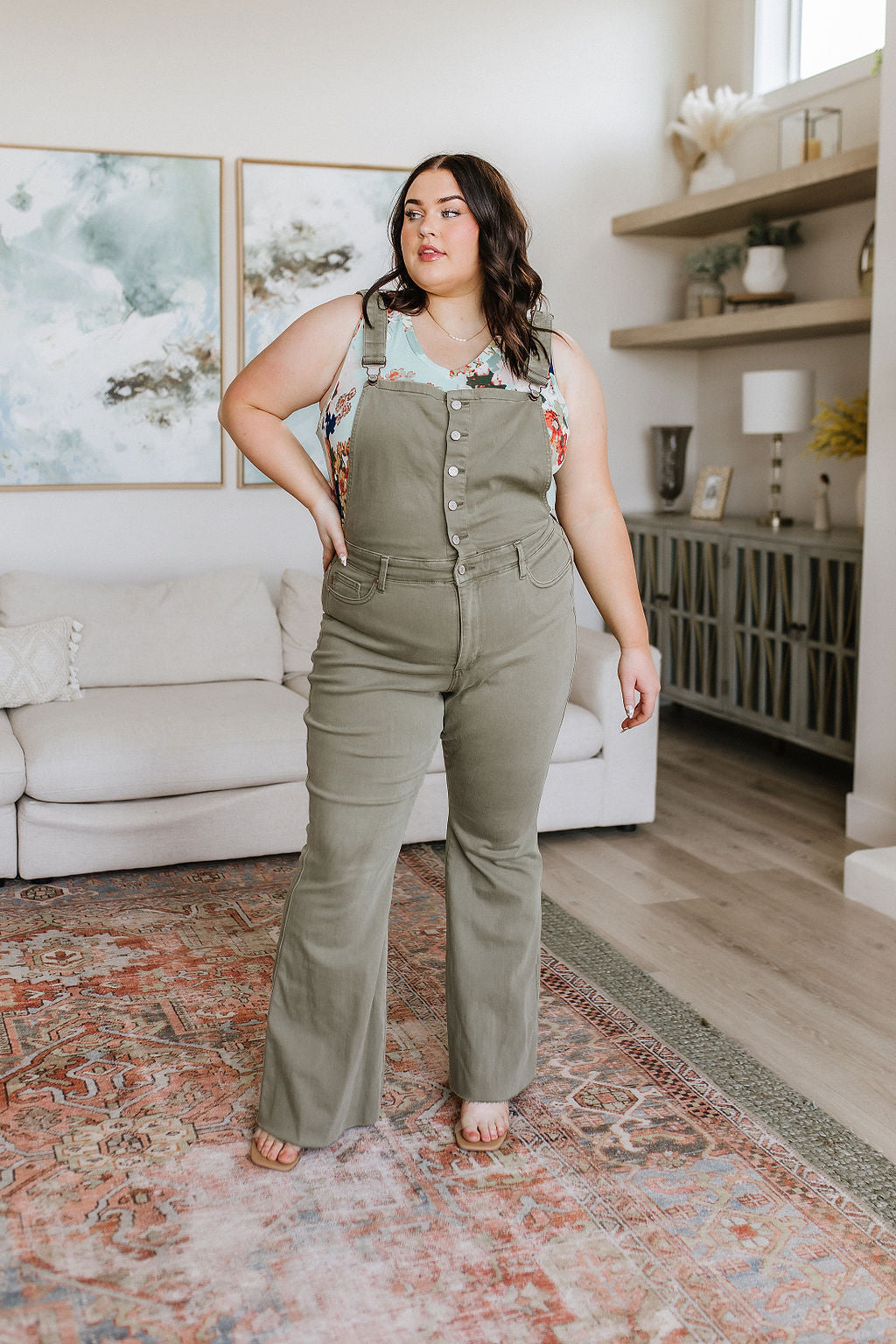 Judy Blue Olivia Control Top Release Hem Overalls in Olive Denim