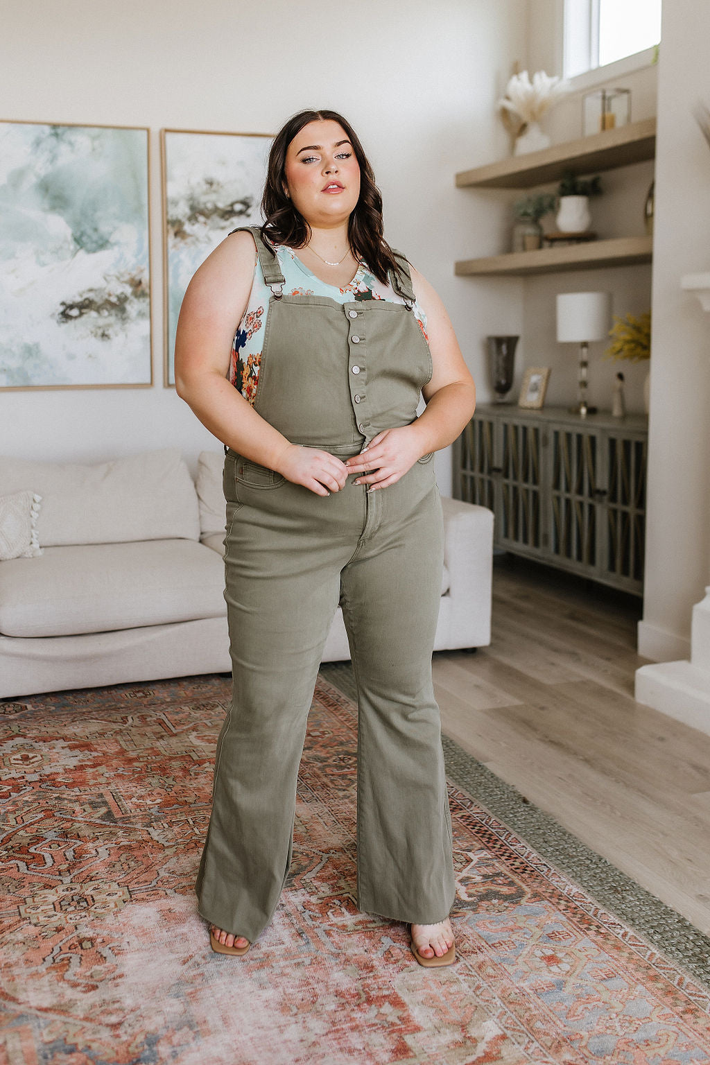 Judy Blue Olivia Control Top Release Hem Overalls in Olive Denim
