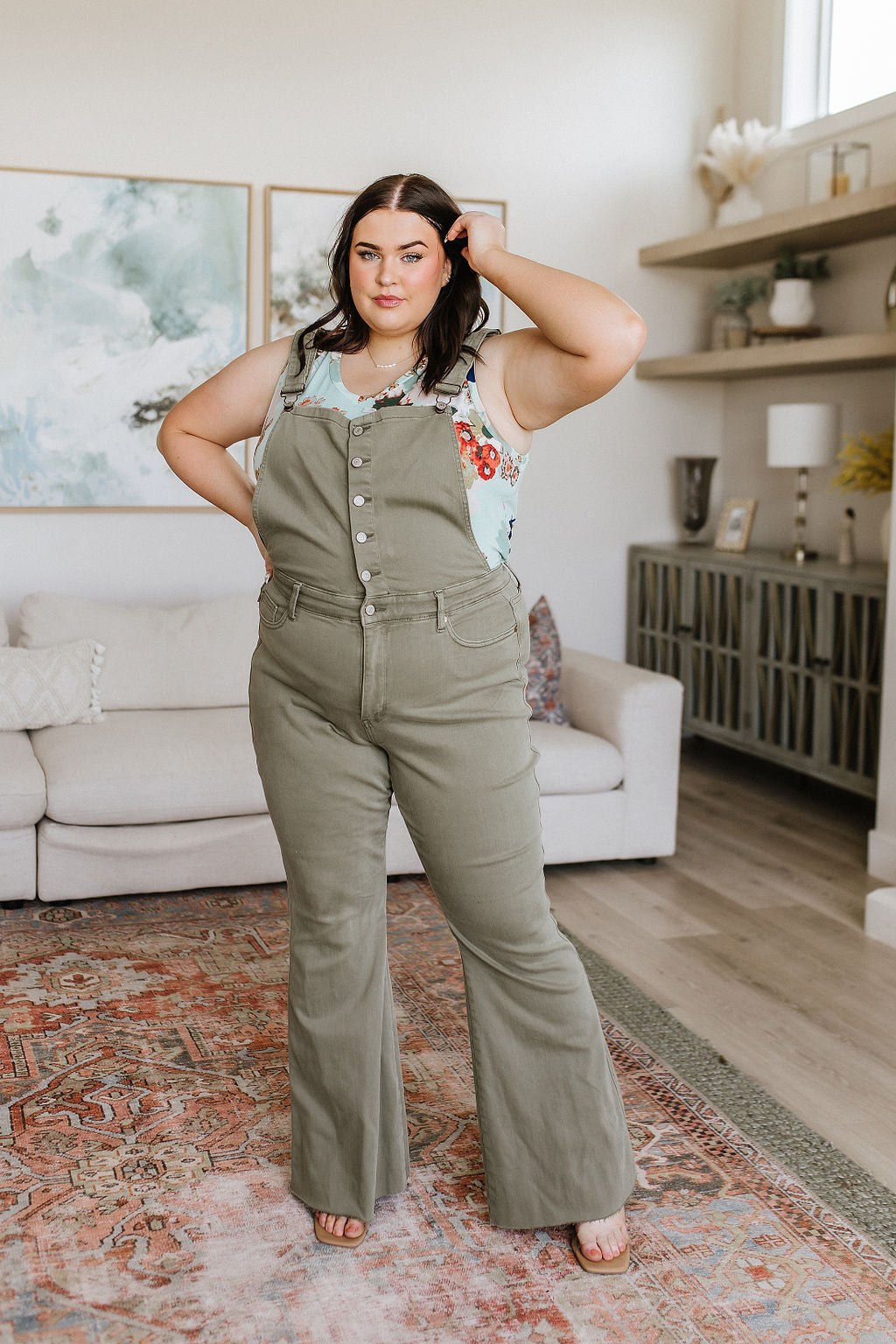 Judy Blue Olivia Control Top Release Hem Overalls in Olive Denim