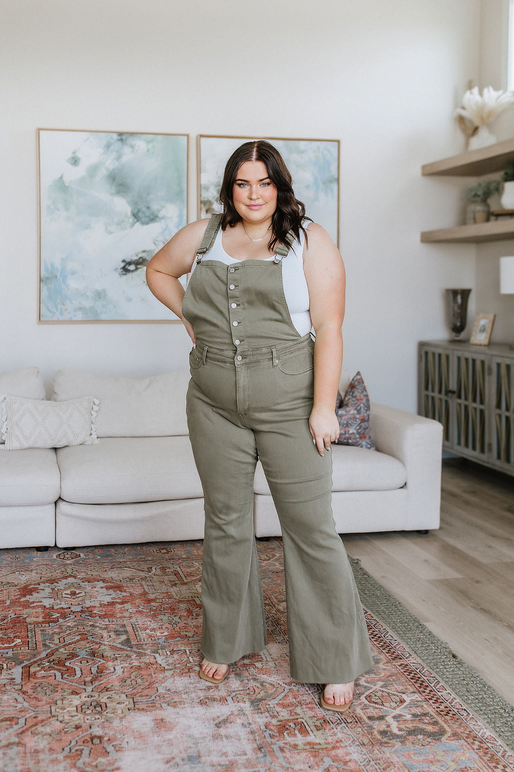 Judy Blue Olivia Control Top Release Hem Overalls in Olive Denim