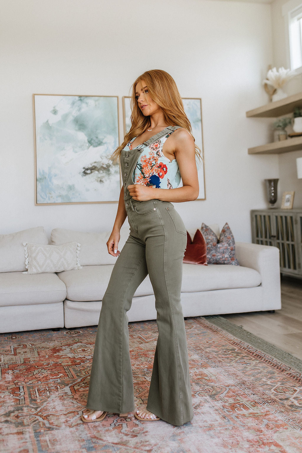 Judy Blue Olivia Control Top Release Hem Overalls in Olive Denim