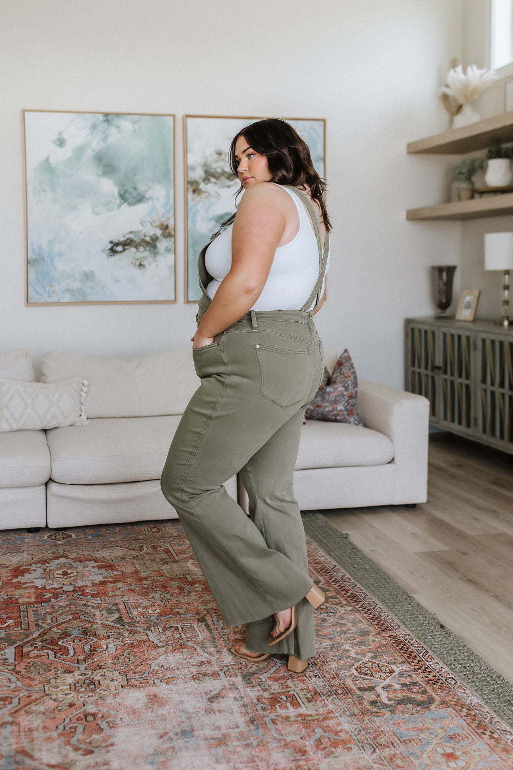 Judy Blue Olivia Control Top Release Hem Overalls in Olive Denim