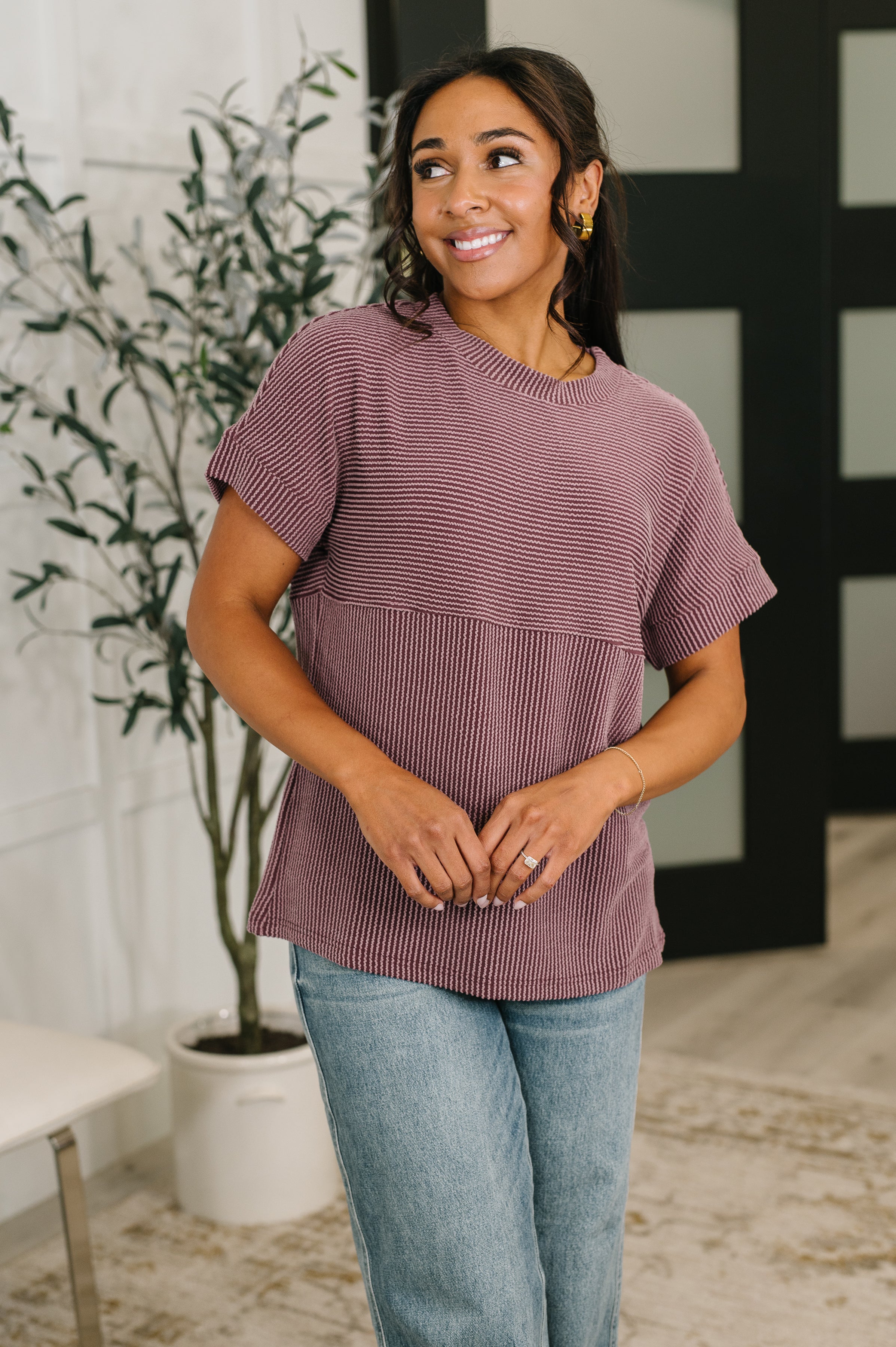 One Eleven North On Repeat Cable Ribbed Knit Tee Womens
