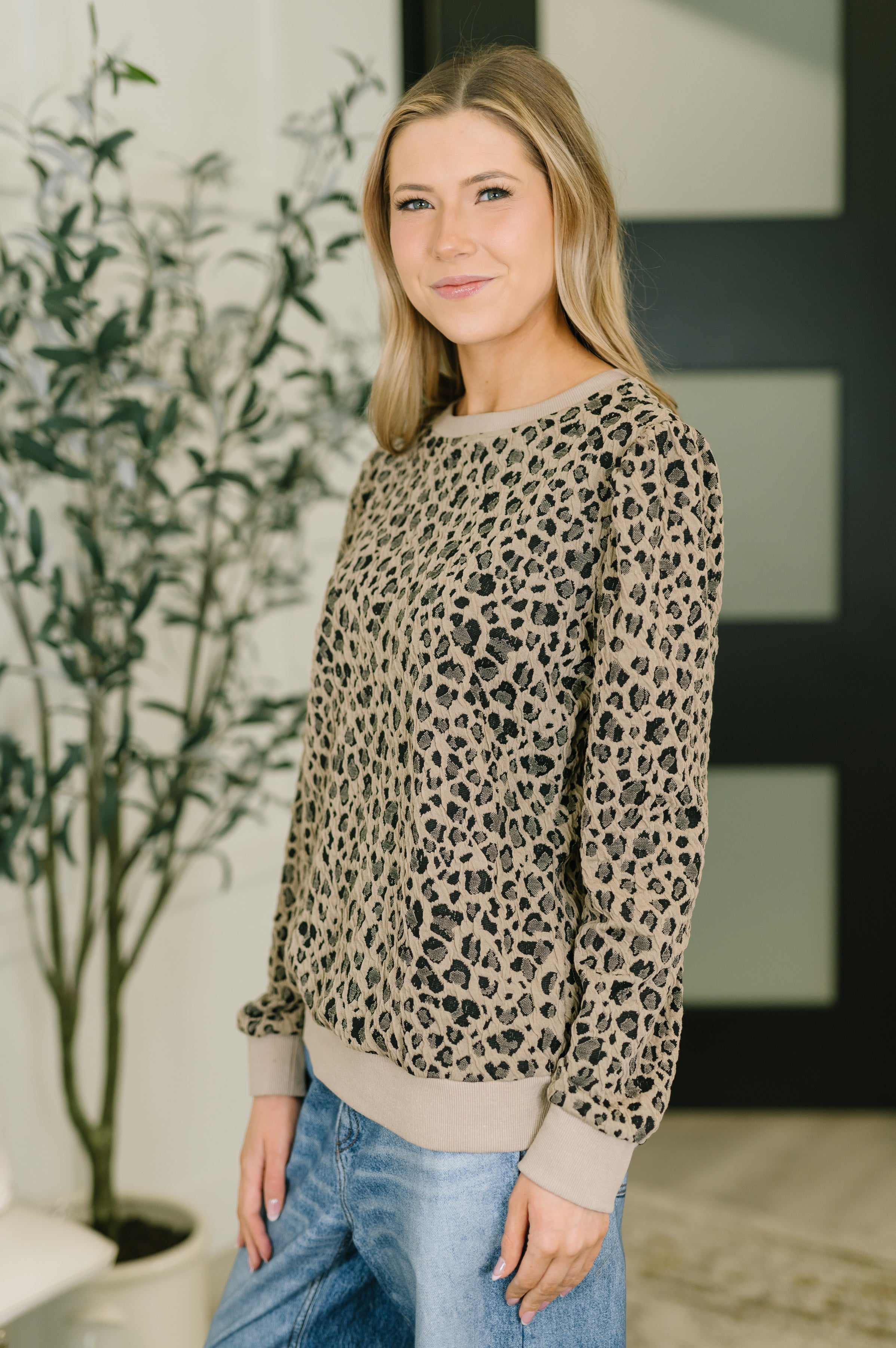 One Eleven North On The Prowl Textured Leopard Print Top Womens