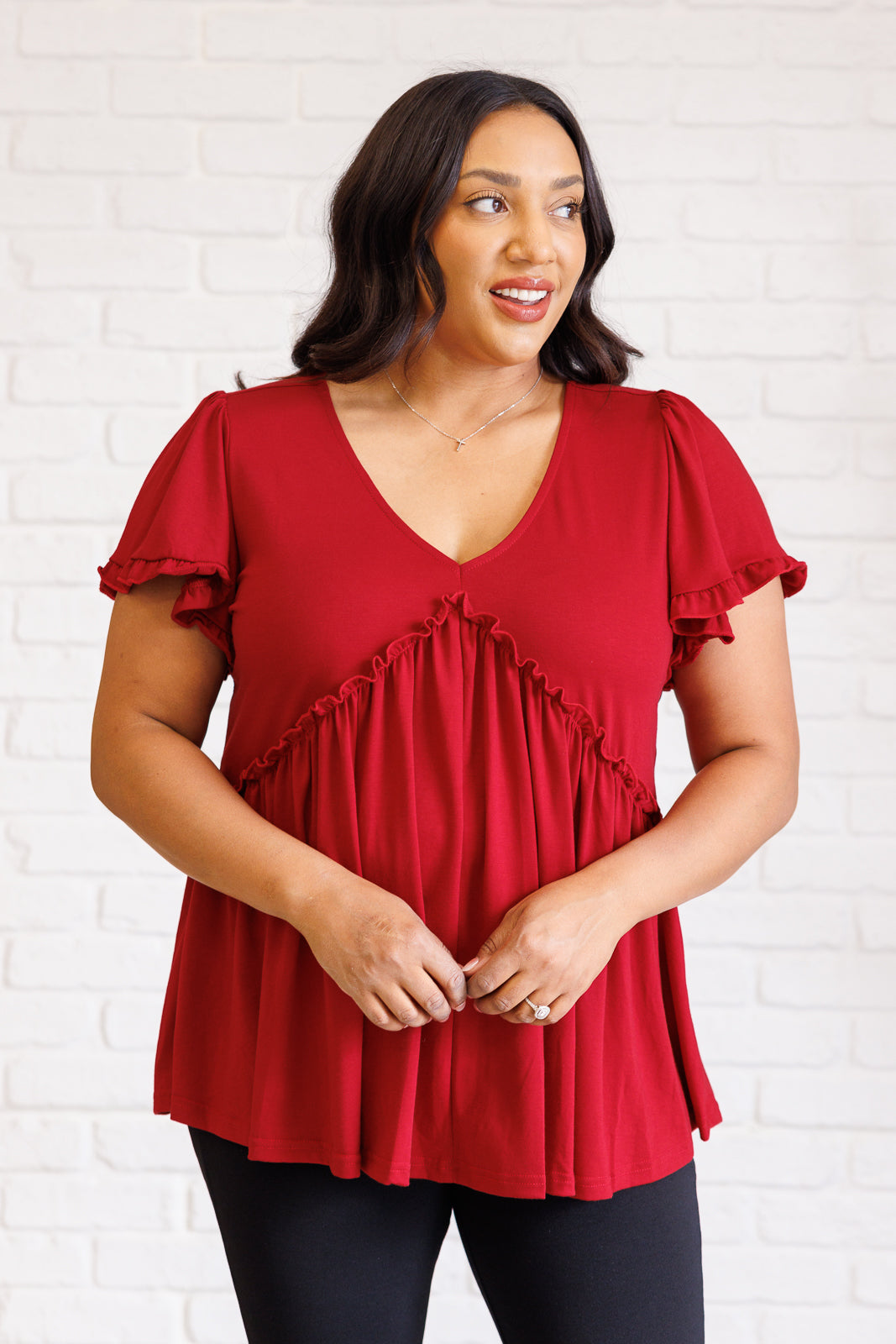 One Eleven North One Day Soon V-Neck Ruffle Detail Top in Wine Tops