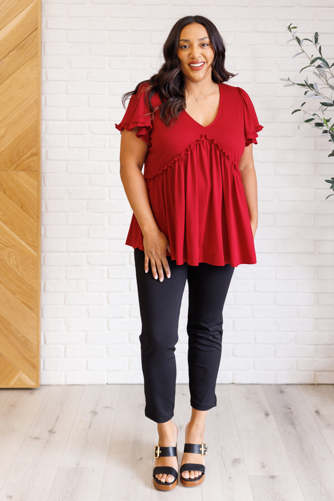 One Eleven North One Day Soon V-Neck Ruffle Detail Top in Wine Tops