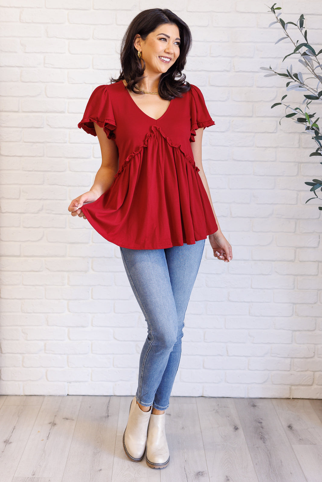 One Eleven North One Day Soon V-Neck Ruffle Detail Top in Wine Tops