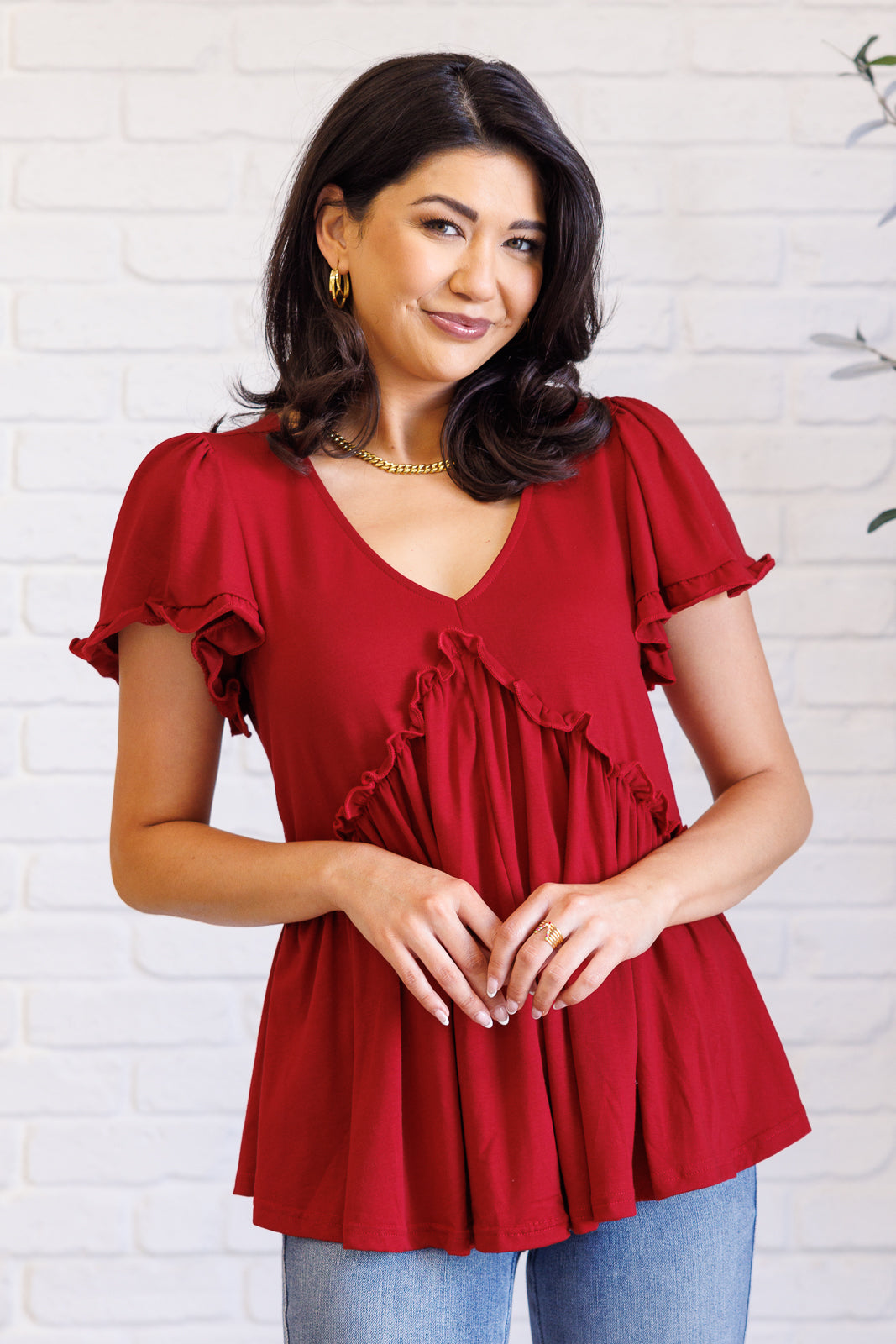 One Eleven North One Day Soon V-Neck Ruffle Detail Top in Wine Tops