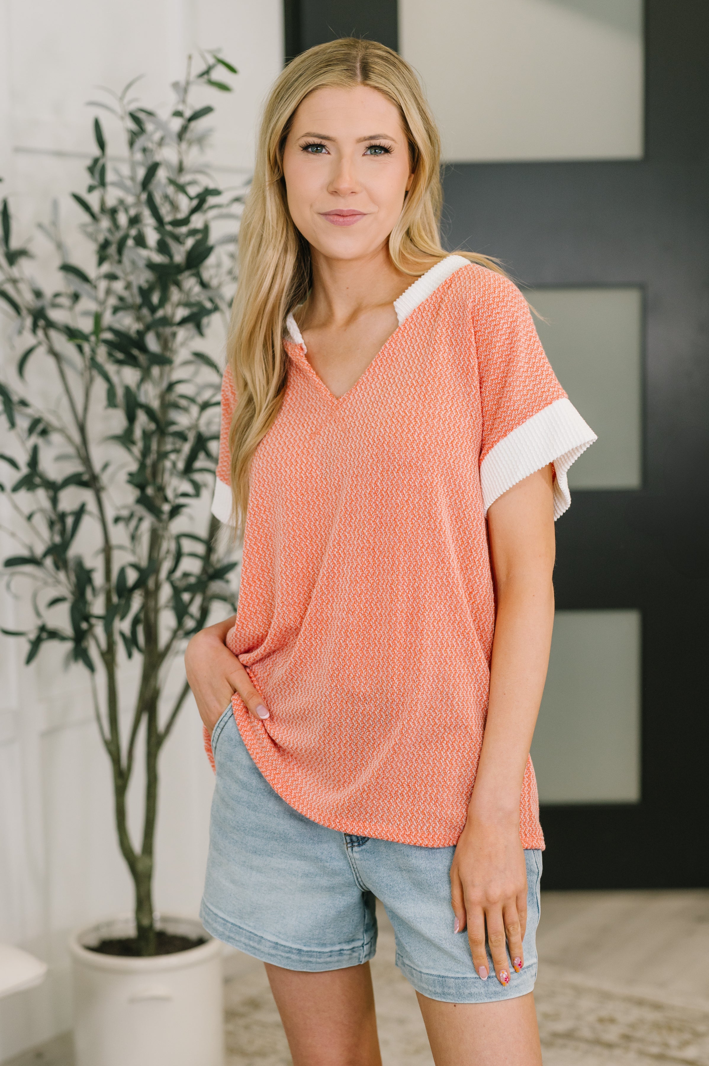 7th Ray One Piece at a Time V-Neck Short Sleeve Top in Coral Womens