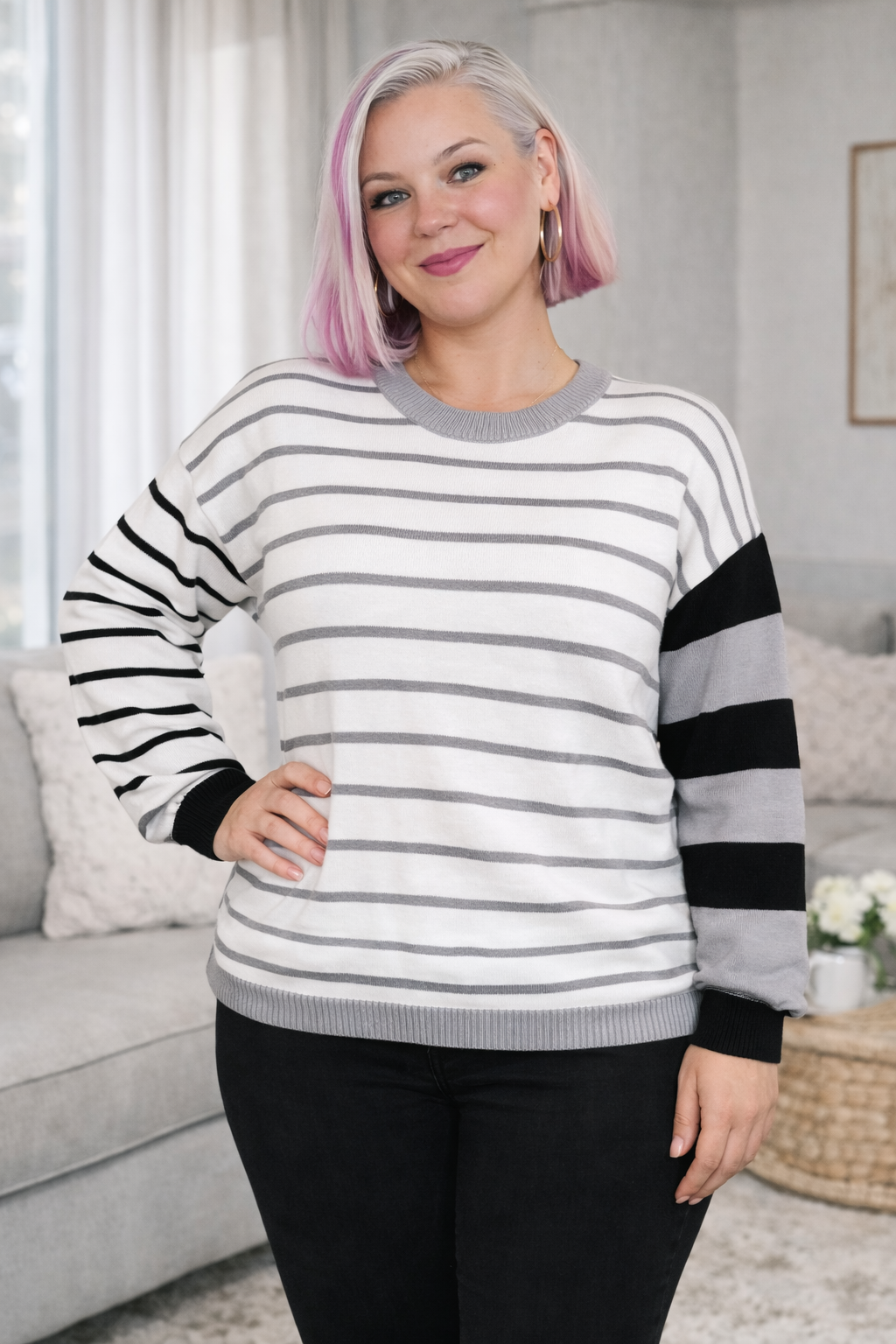 One Eleven North Striped Simplicity Color Block Relaxed Pullover Womens