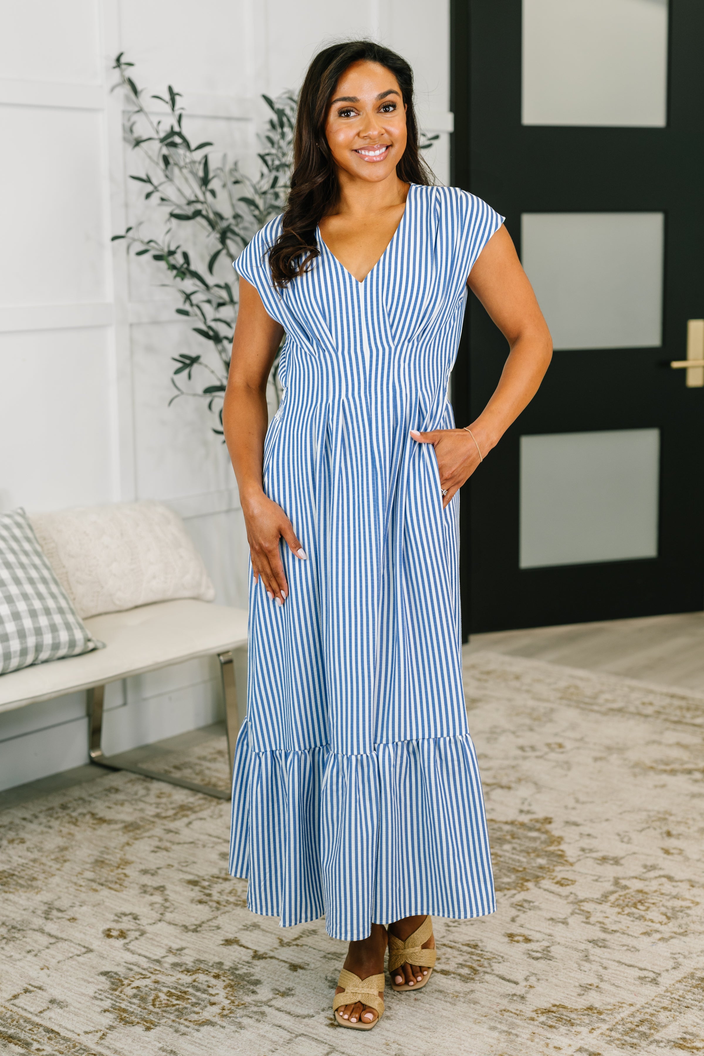 Haptics Only Chance Pleated Smock Waist Maxi Dress in Blue Womens