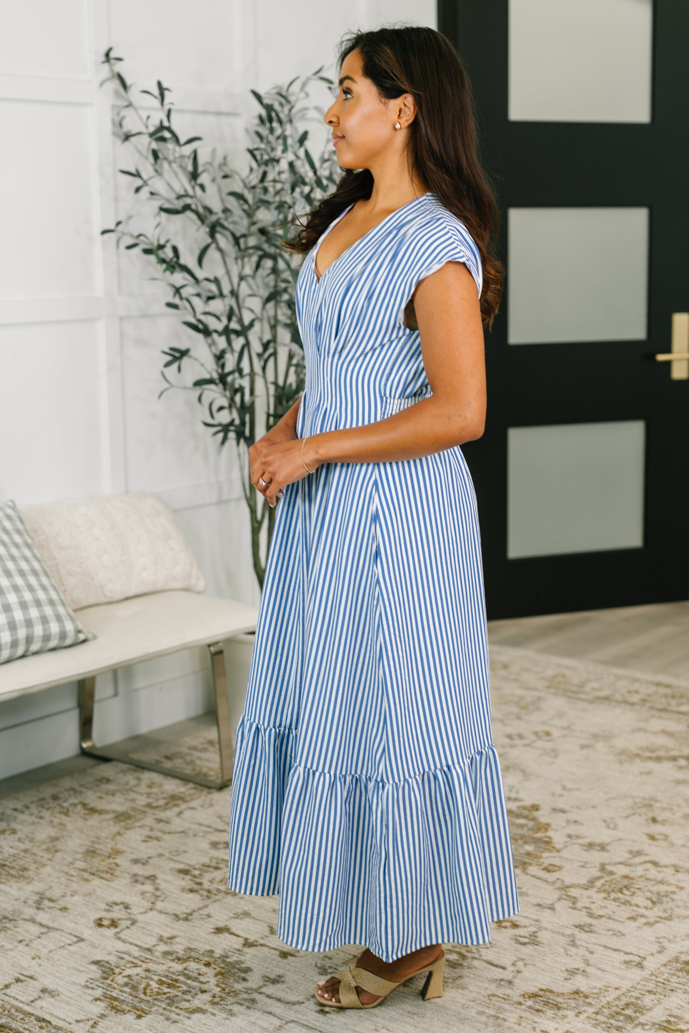 Haptics Only Chance Pleated Smock Waist Maxi Dress in Blue Womens