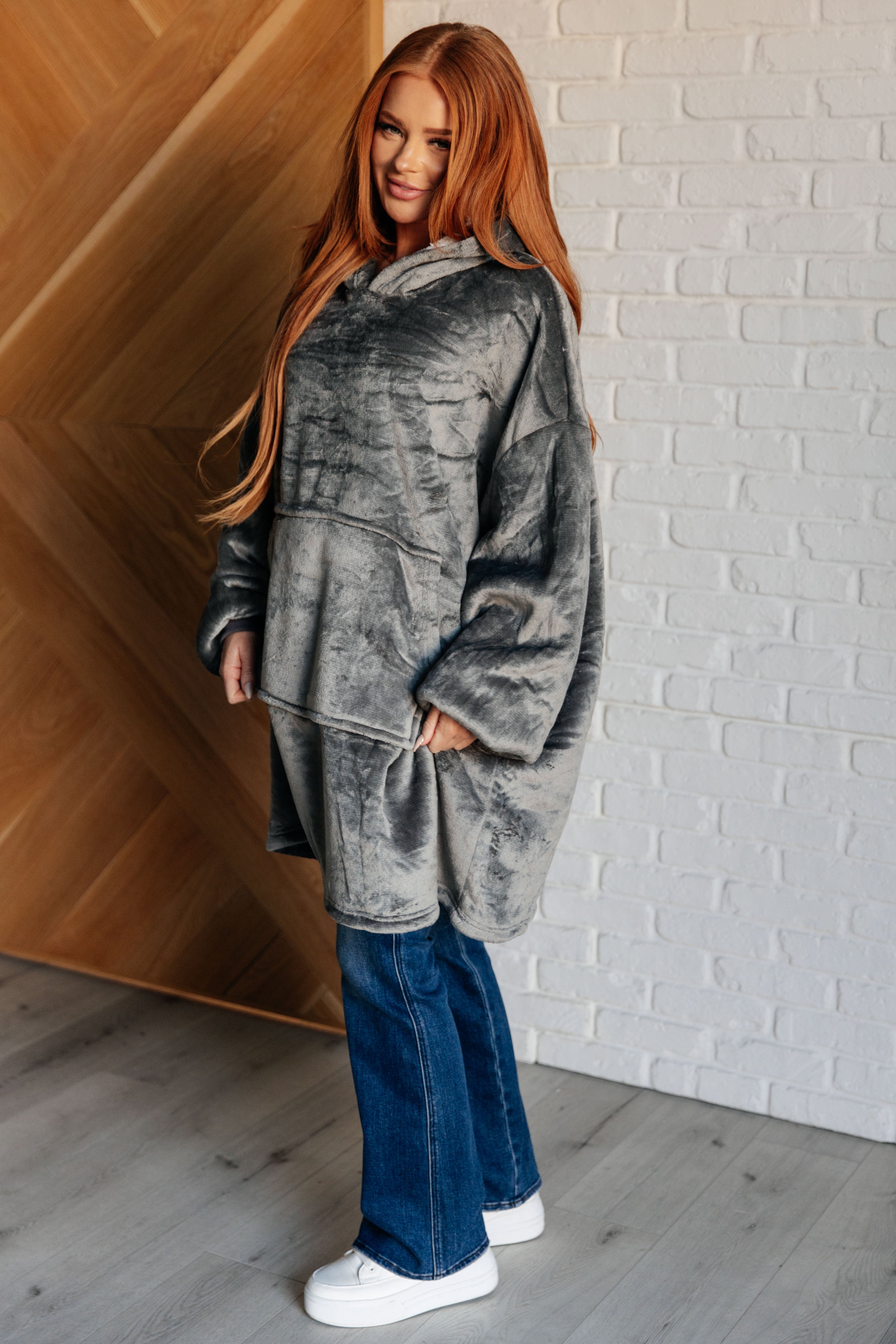 Oversized Velour Blanket Hoodie in Gray Sweatshirts & Hoodies