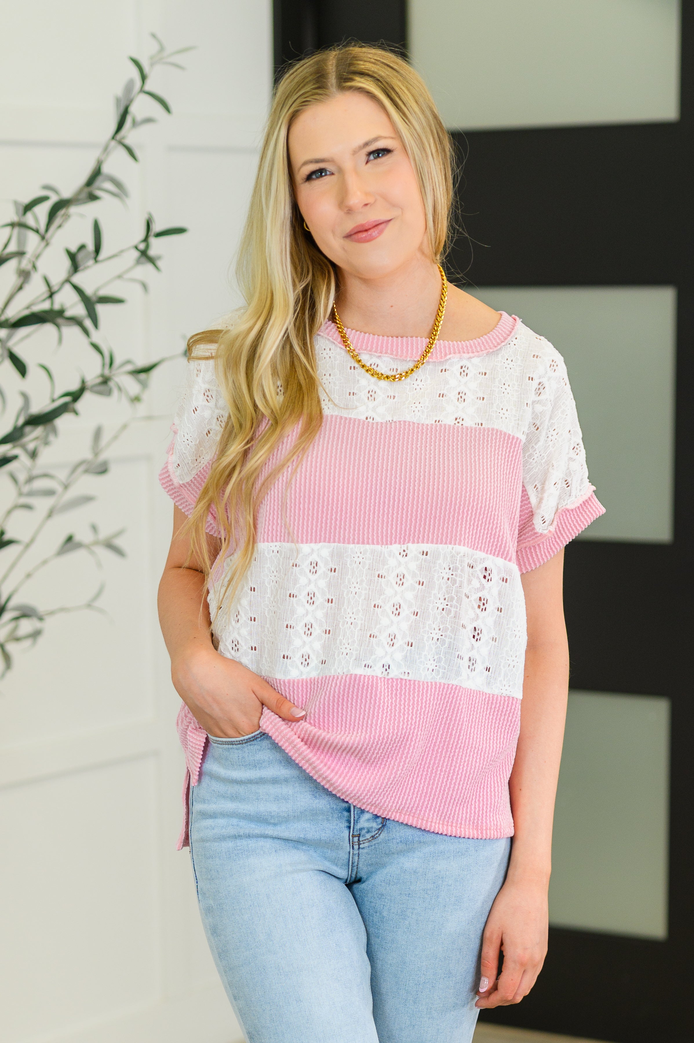 7th Ray Parlour Picnic Color Block Knit Top in Pink Womens